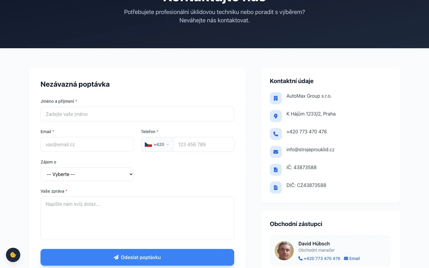 Kontaktní stránka s formulářem, mapou a pobočkami
