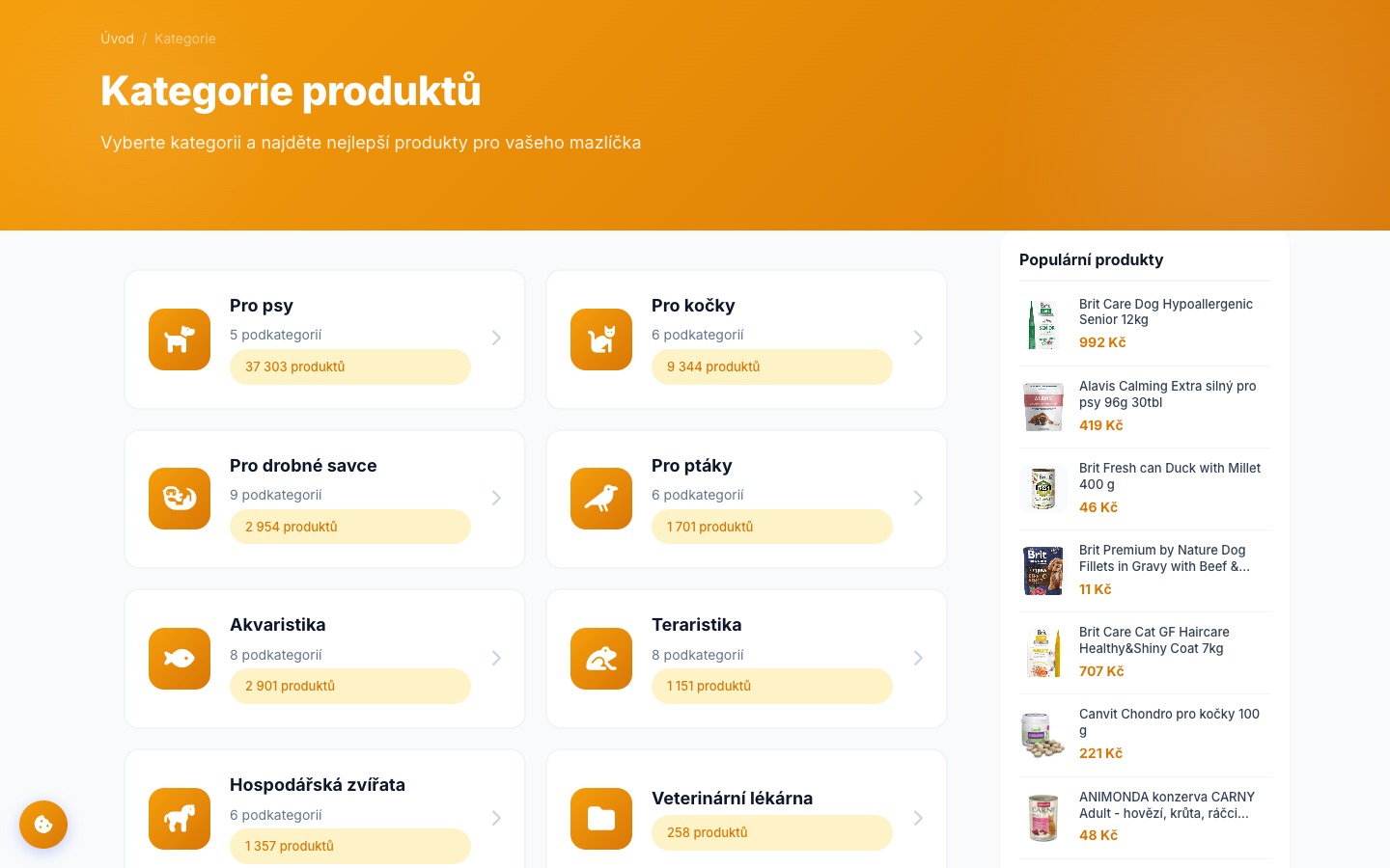 Přehled všech kategorií – psi, kočky, ptáci, akvaristika a další