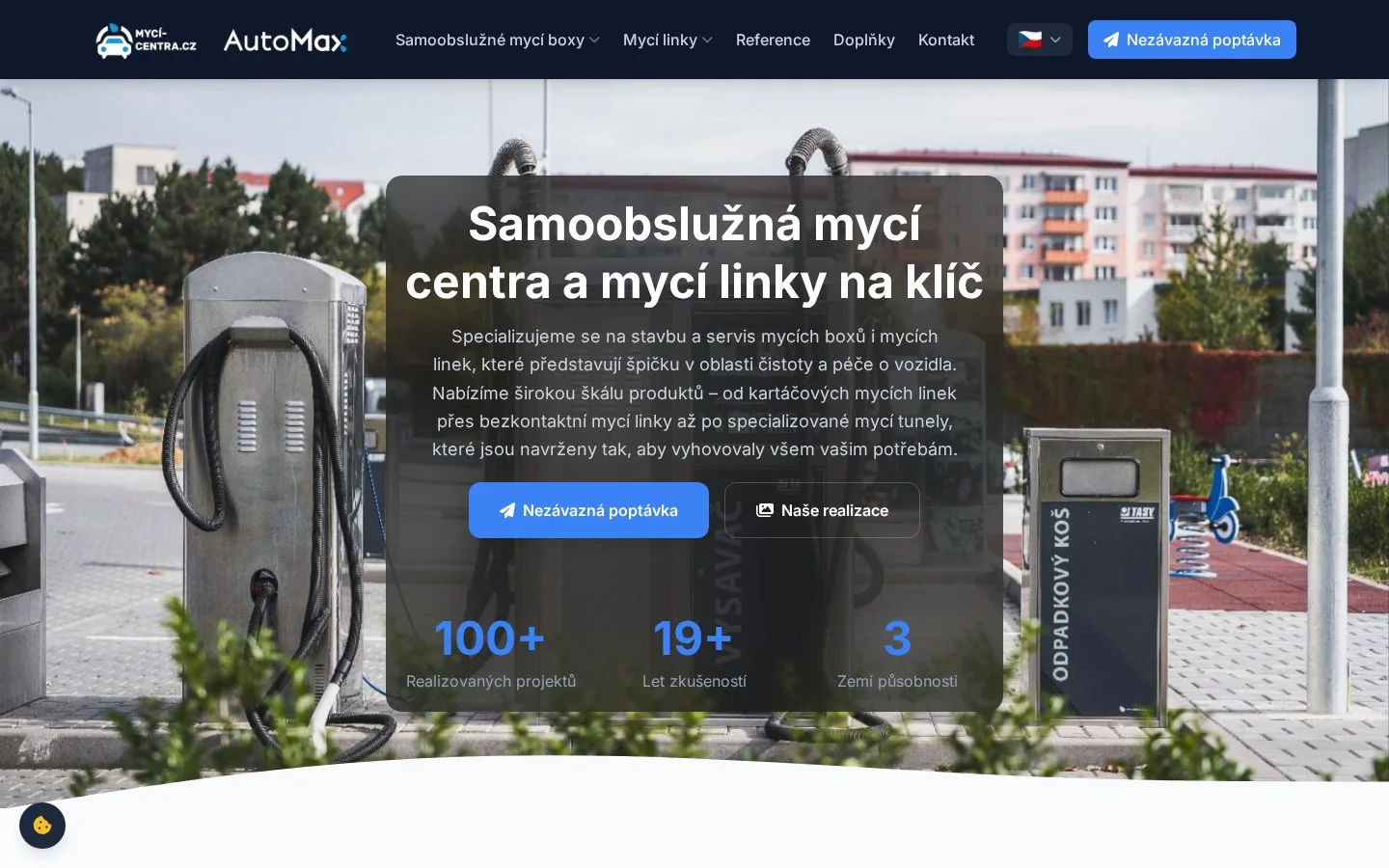 Úvod webu – hero s poptávkovým tlačítkem a čísly: 100+ realizací, 19 let zkušeností, 3 země