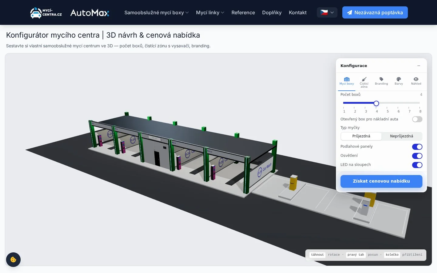 3D konfigurátor mycího centra – zákazník si sestaví boxy, čisticí zónu i branding a vyžádá nabídku
