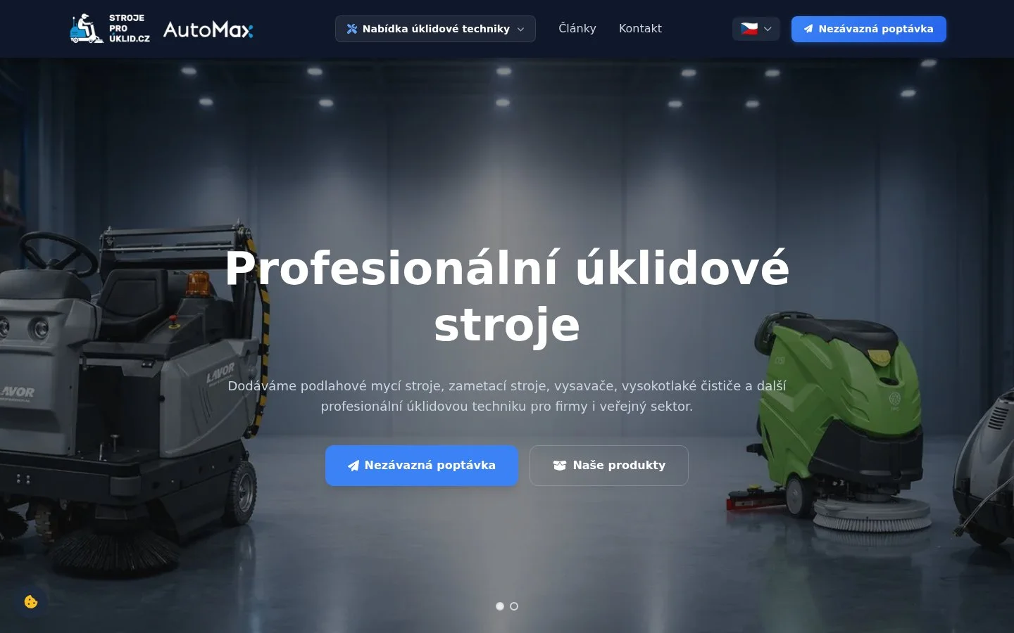 Úvod webu – profesionální úklidové stroje s výrazným poptávkovým tlačítkem
