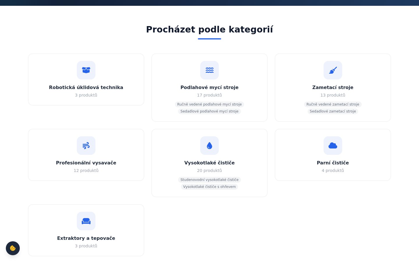 Katalog 70+ strojů v sedmi kategoriích – od robotické techniky po parní čističe