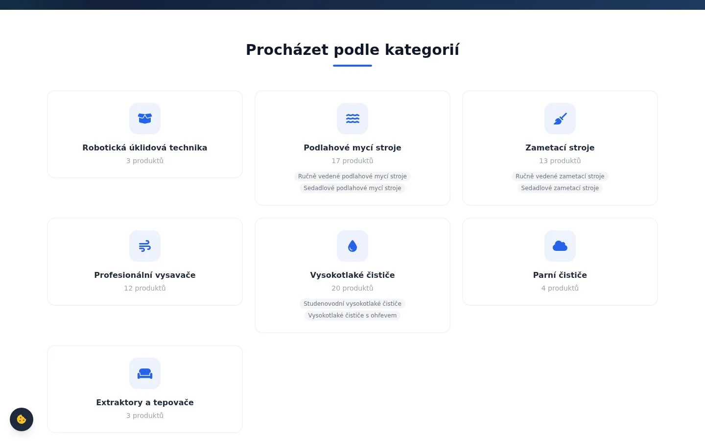 Katalog 70+ strojů v sedmi kategoriích – od robotické techniky po parní čističe