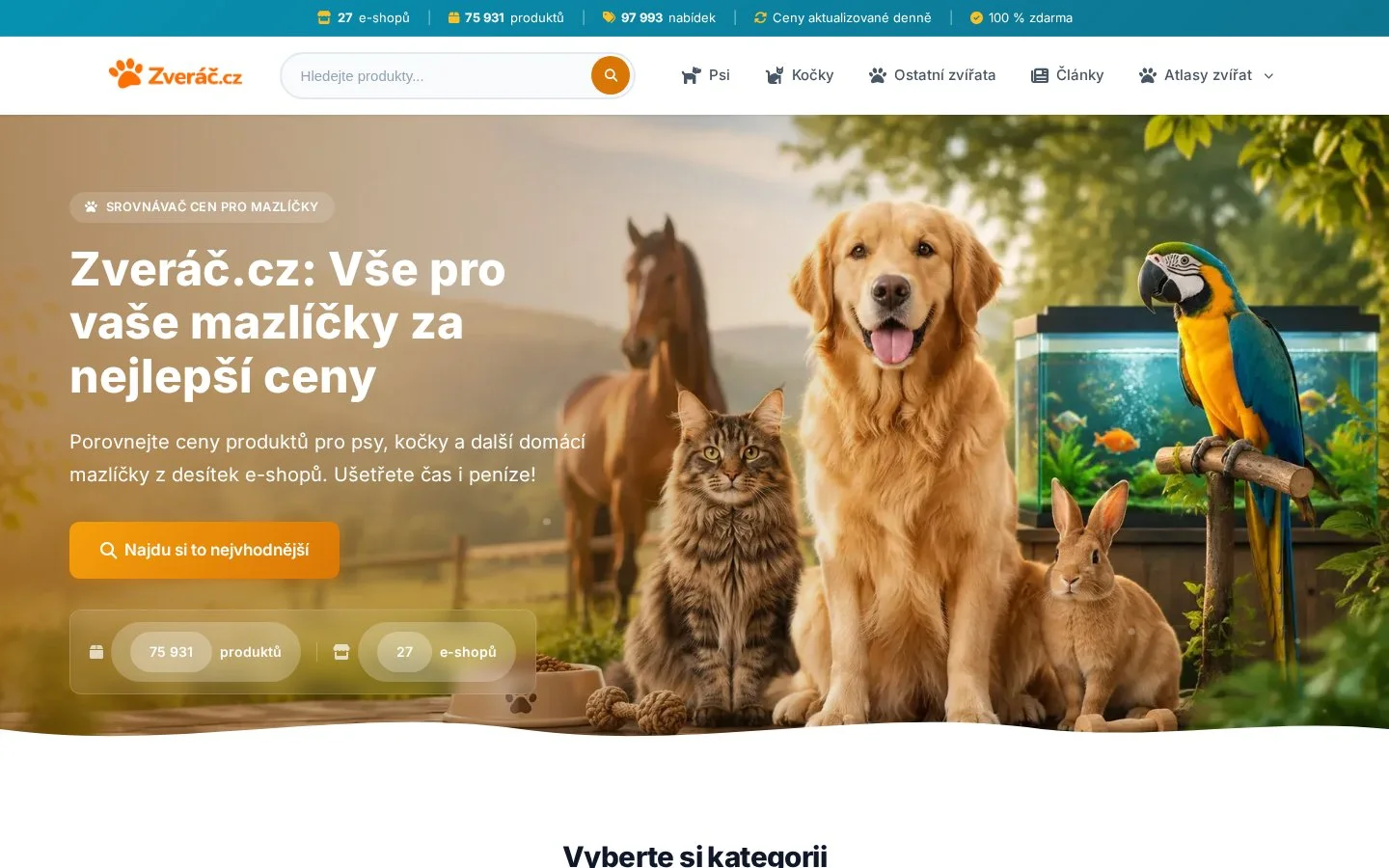Úvod Zveráč.cz — 27 e-shopů, 75 000+ produktů, kategorie pro psy, kočky i další mazlíčky