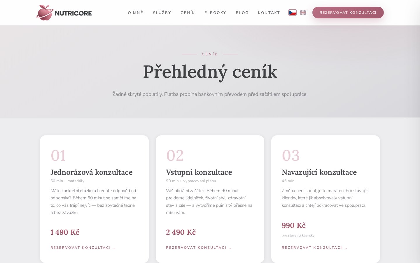 Ceník konzultací a balíčků s cenami a odkazem na rezervaci