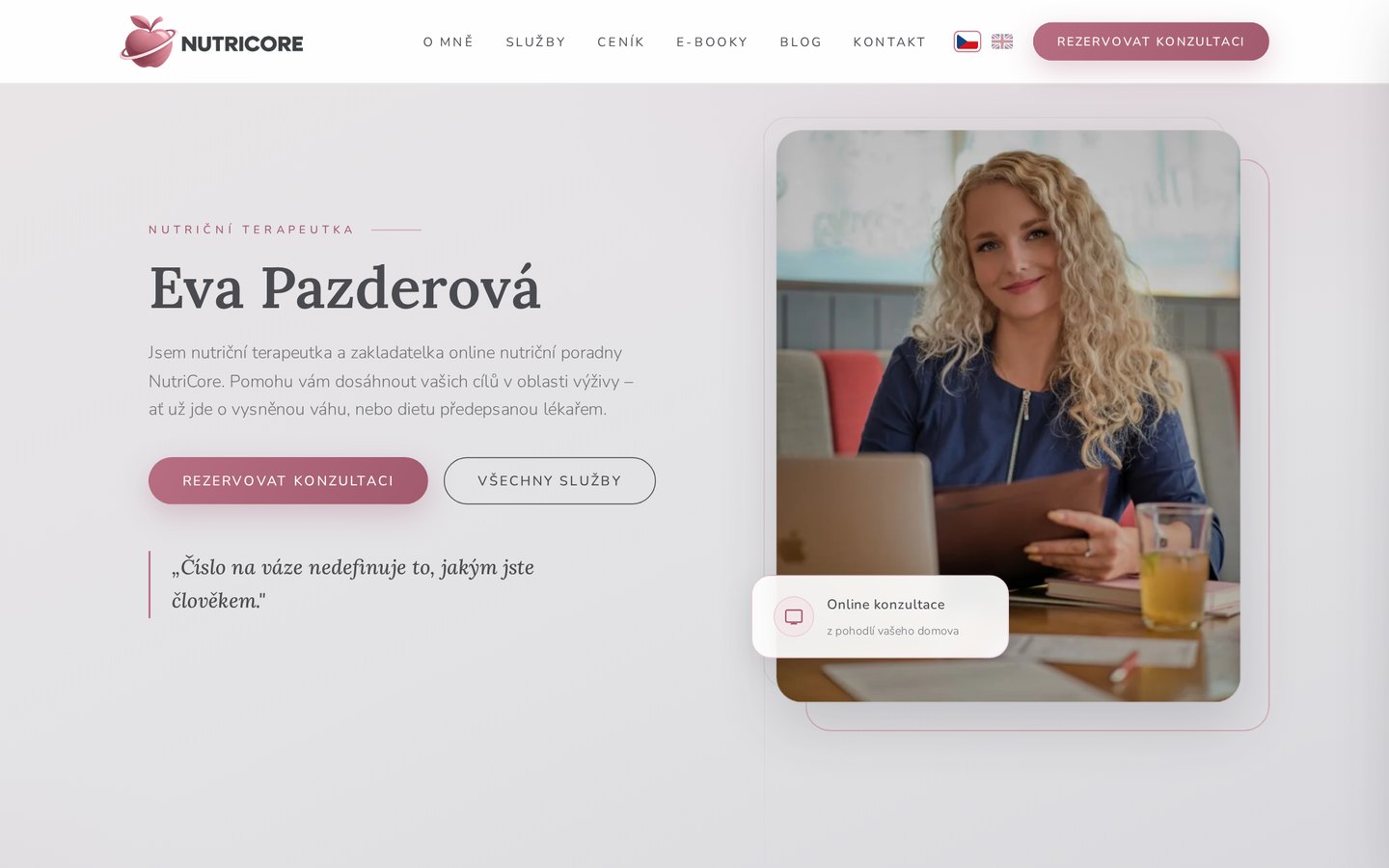 Úvodní stránka NutriCore — představení terapeutky a výzva k rezervaci konzultace