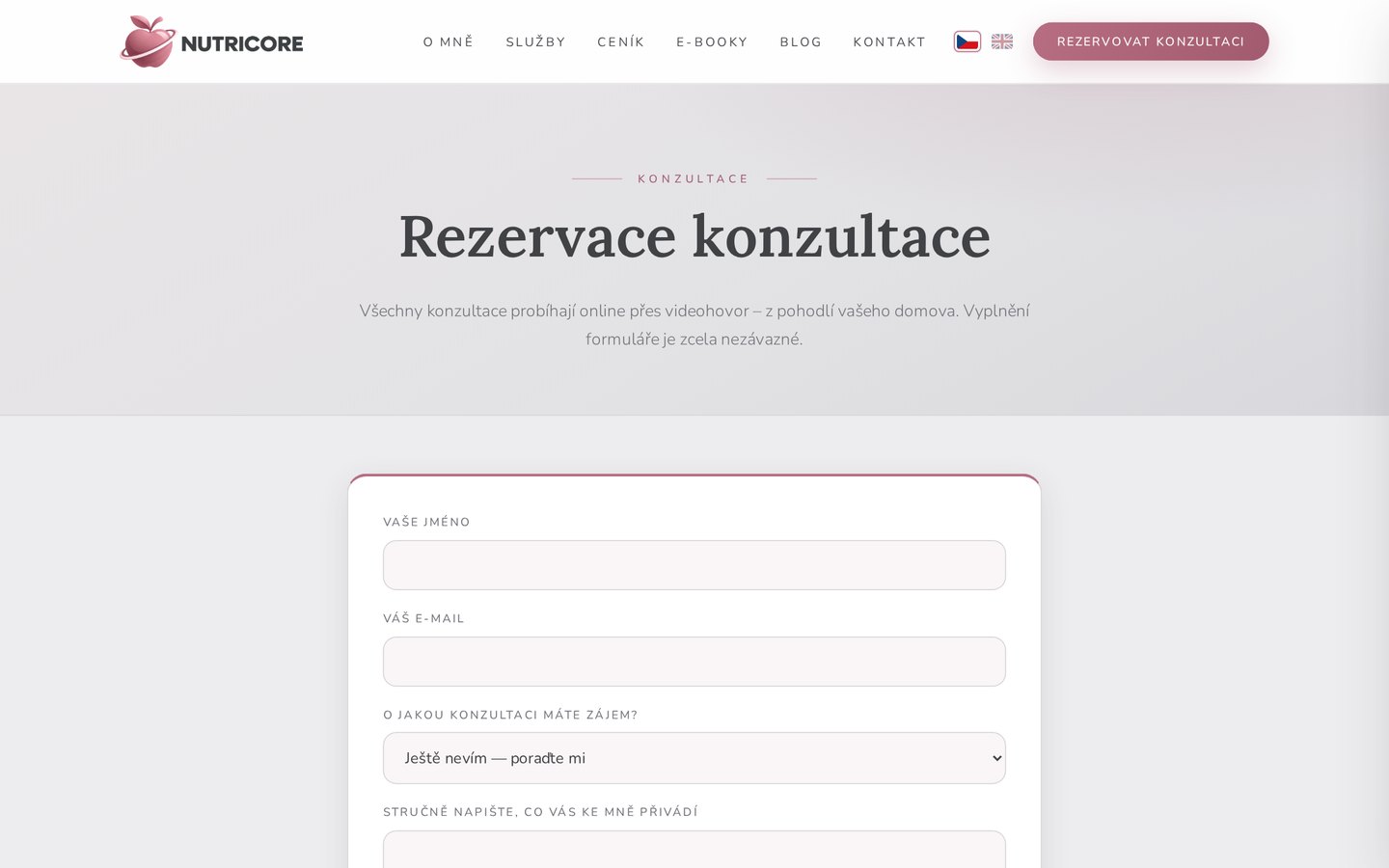 Formulář rezervace konzultace s výběrem služby a ochranou proti spamu