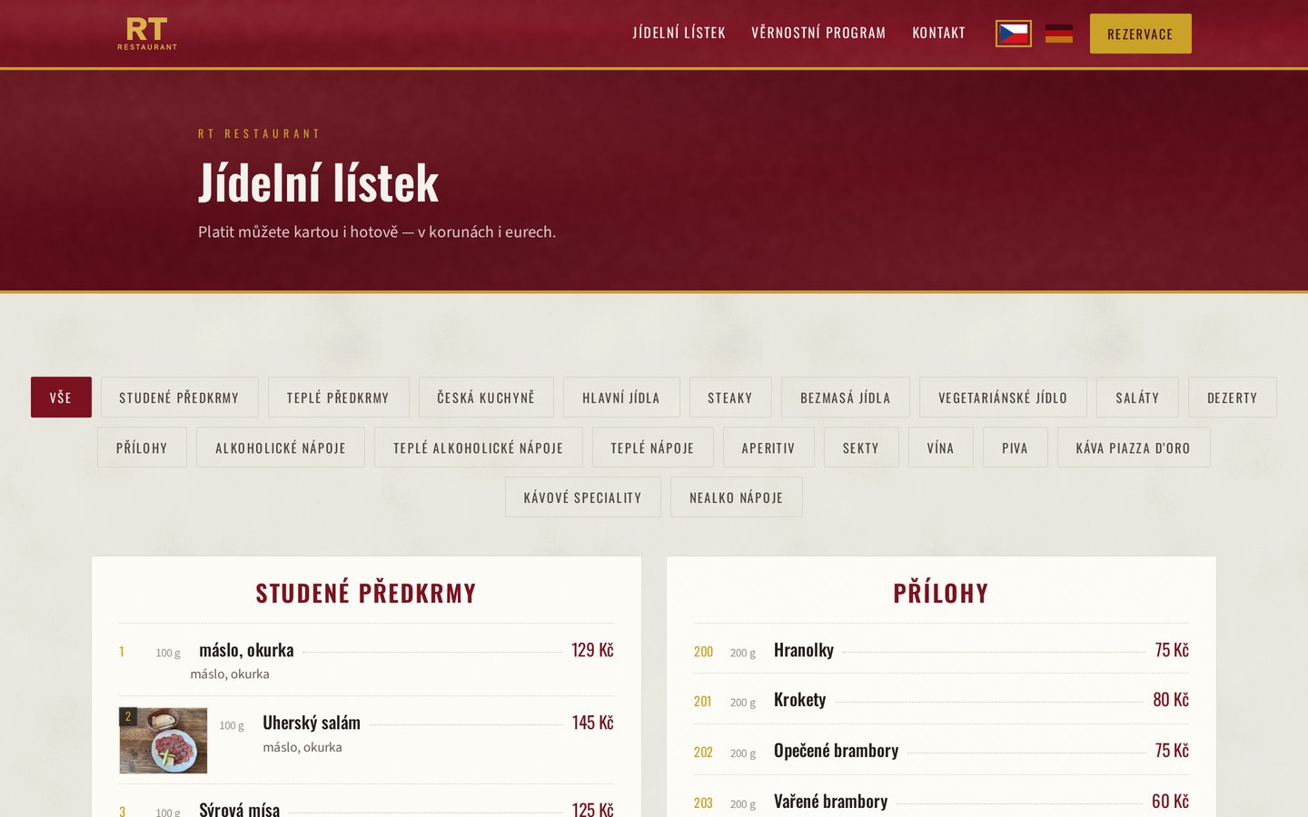 Jídelní lístek se sedmnácti kategoriemi a filtrováním