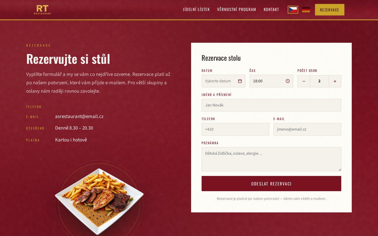 Online rezervace stolu s kalendářem, výběrem času a počtu osob