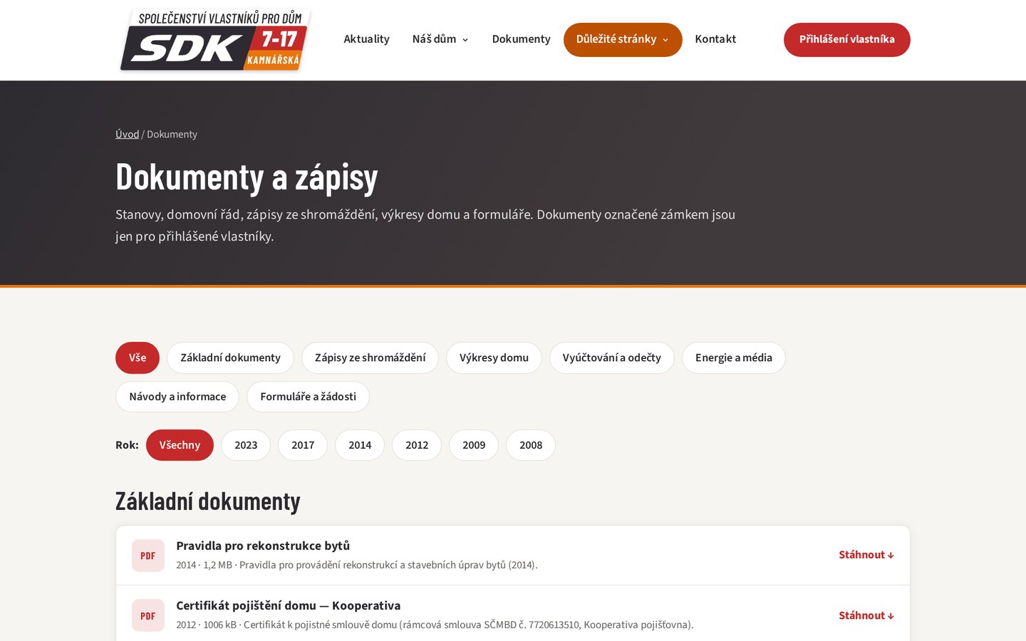 Dokumenty a zápisy s filtrem podle kategorie a roku, se zámkem u neveřejných