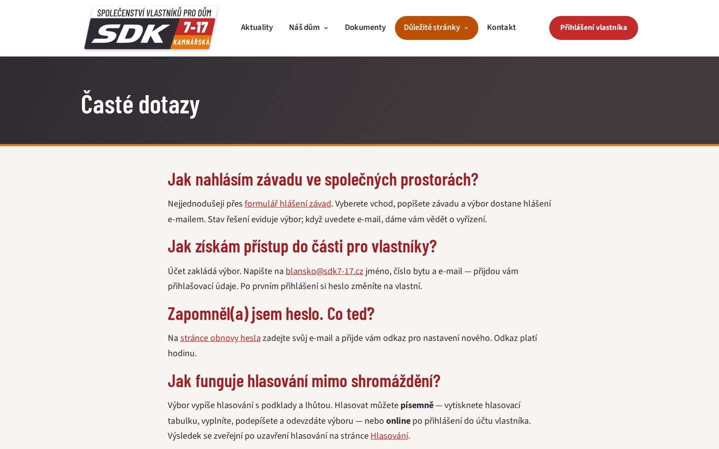 Časté dotazy vlastníků — přístup do účtu, hlasování, prodej bytu