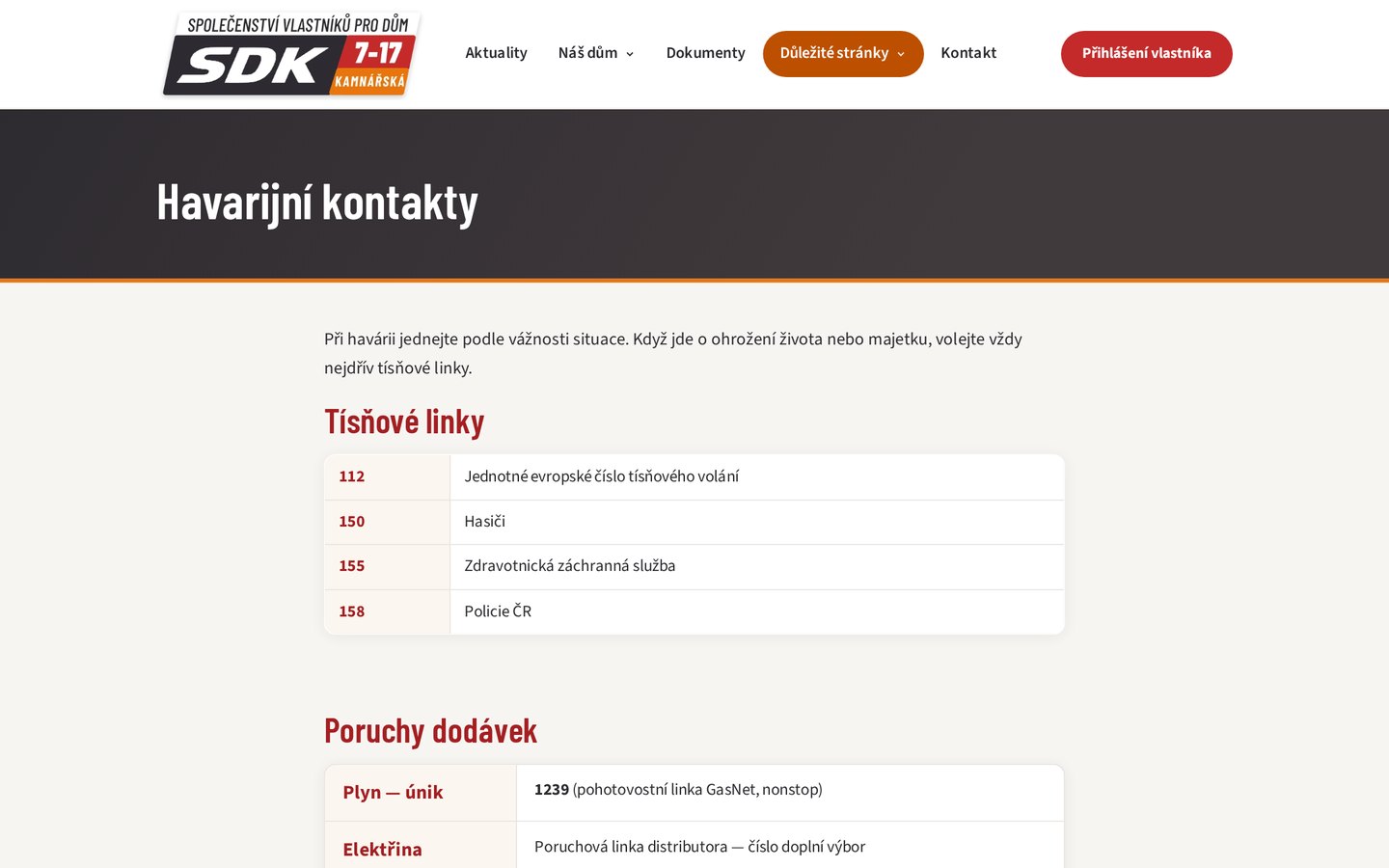 Havarijní kontakty a postup při havárii v domě