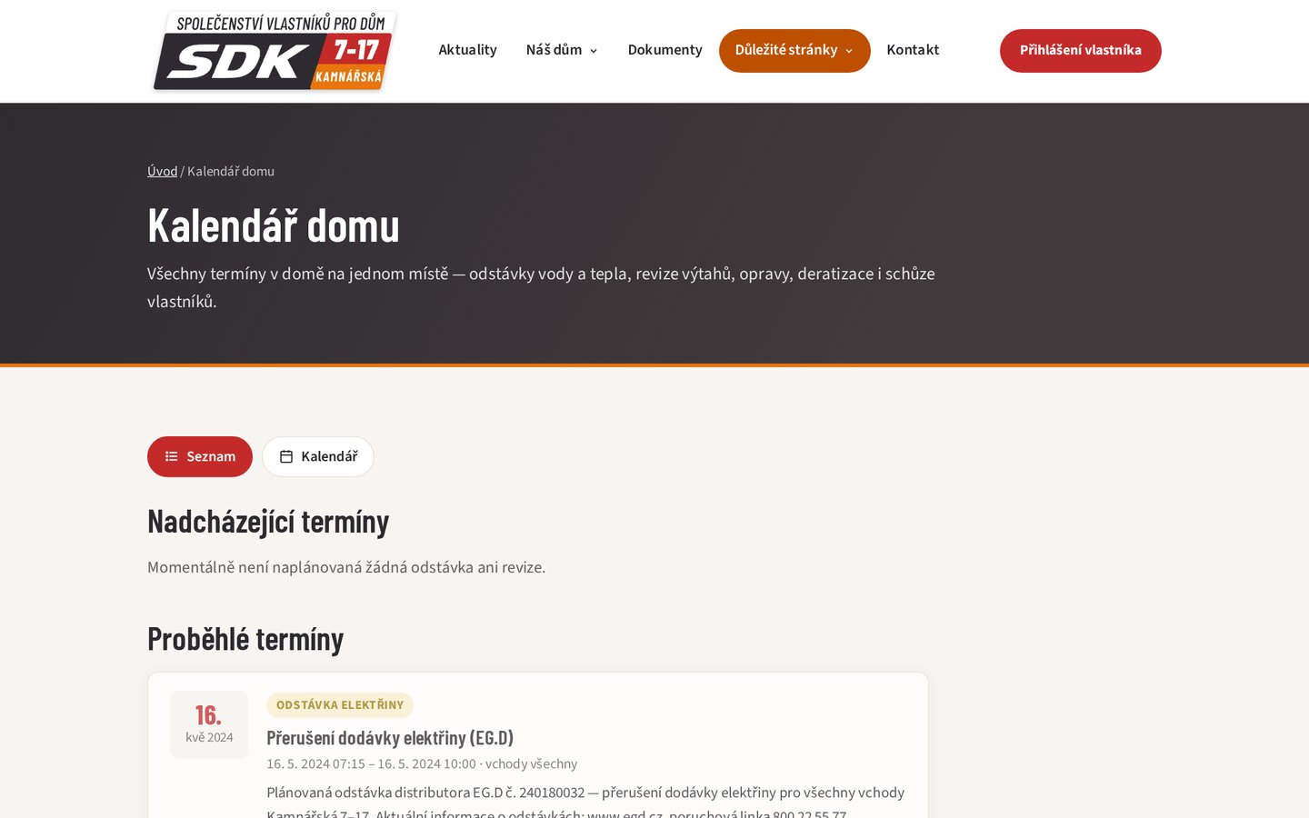 Kalendář domu — odstávky, revize a schůze vlastníků