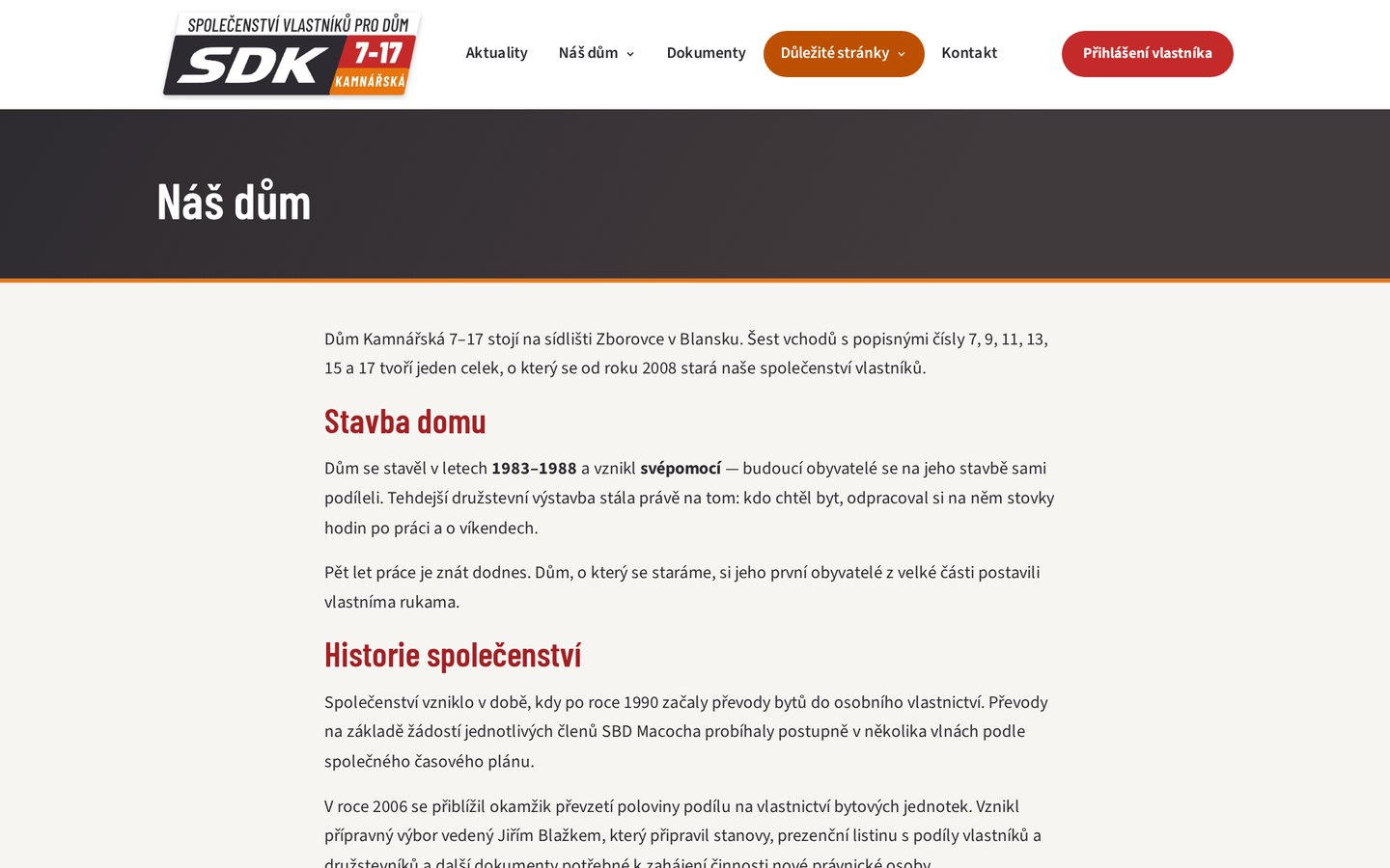 Náš dům — historie společenství, revitalizace a výkresy