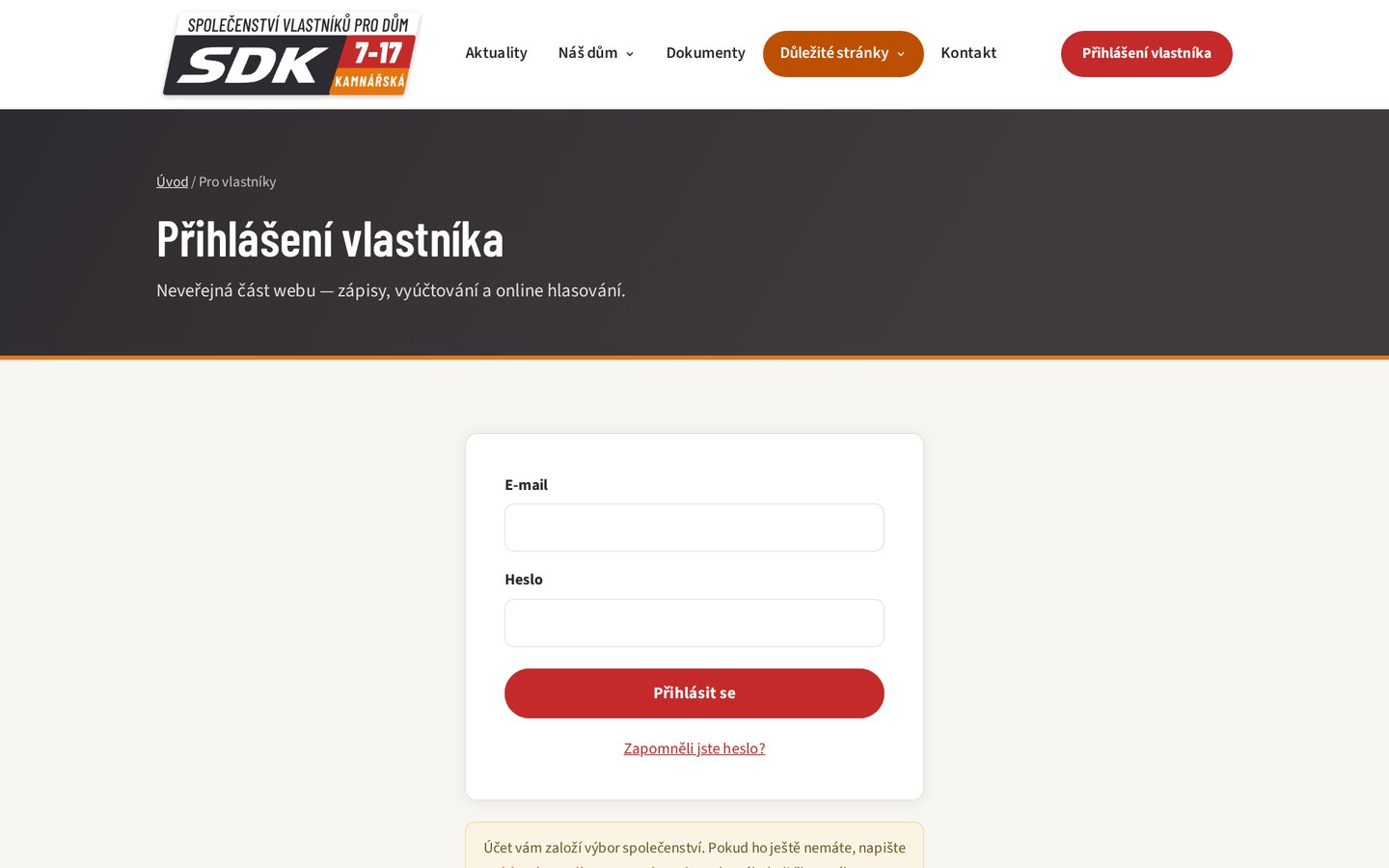 Přihlášení vlastníka do neveřejné části webu