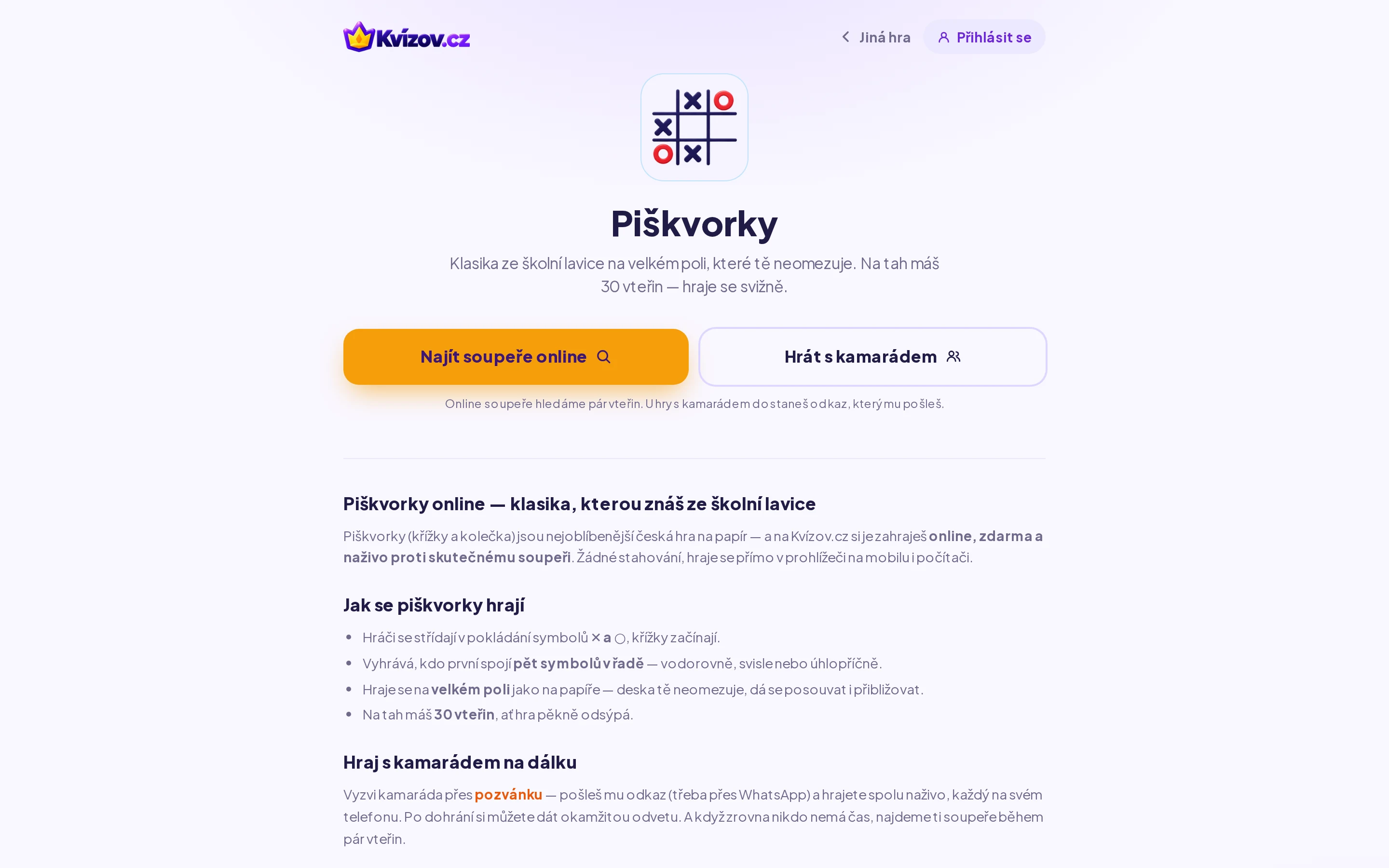 Kvízov.cz — stránka hry Piškvorky