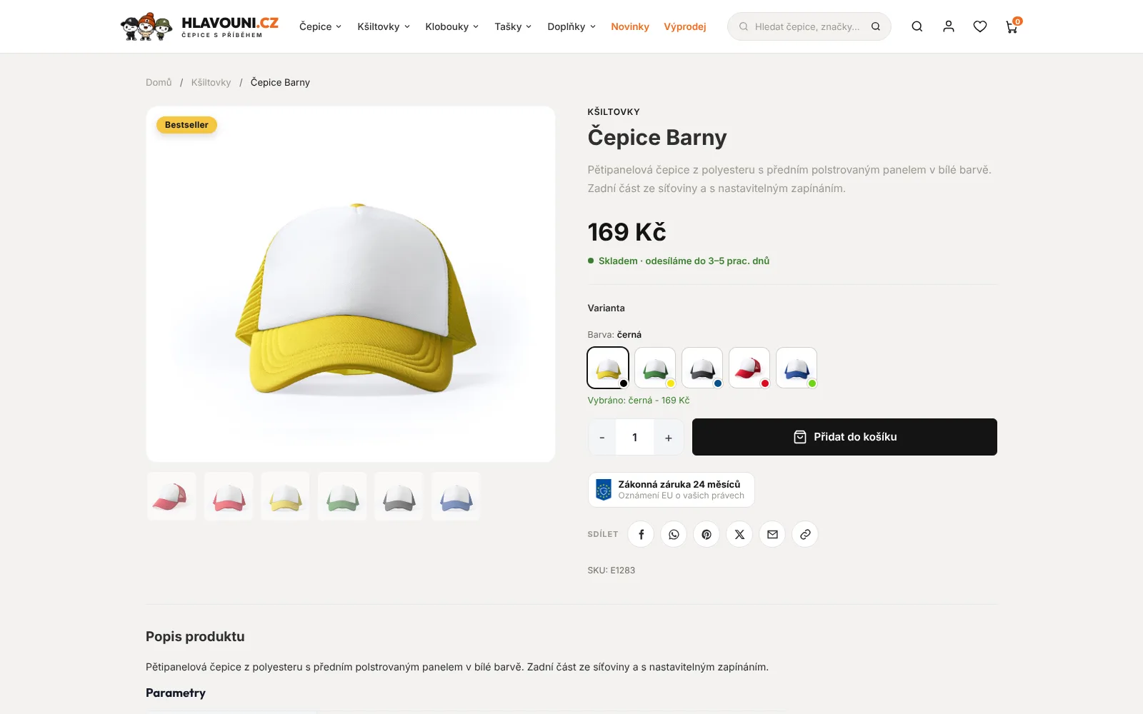 Detail produktu s variantami barev, dostupností a přidáním do košíku