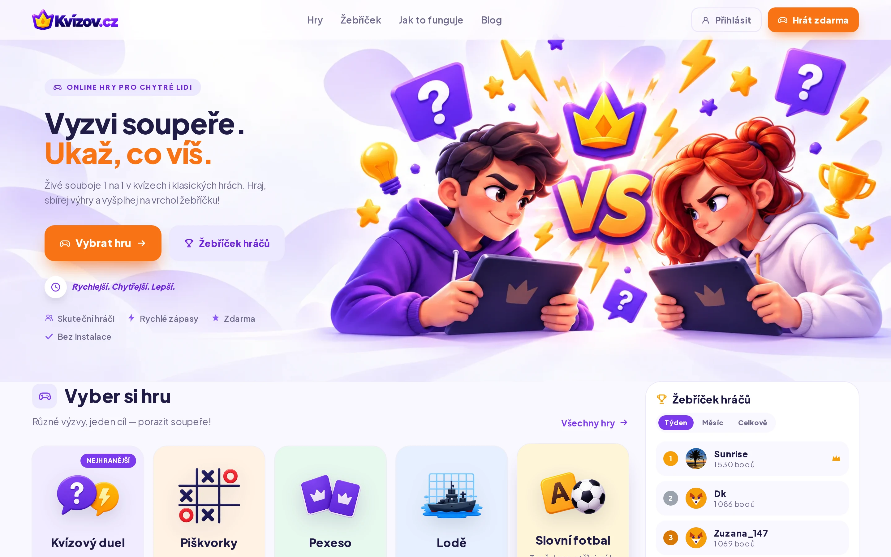 Kvízov.cz – souboje 1 na 1 v kvízech i klasických hrách na počítači
