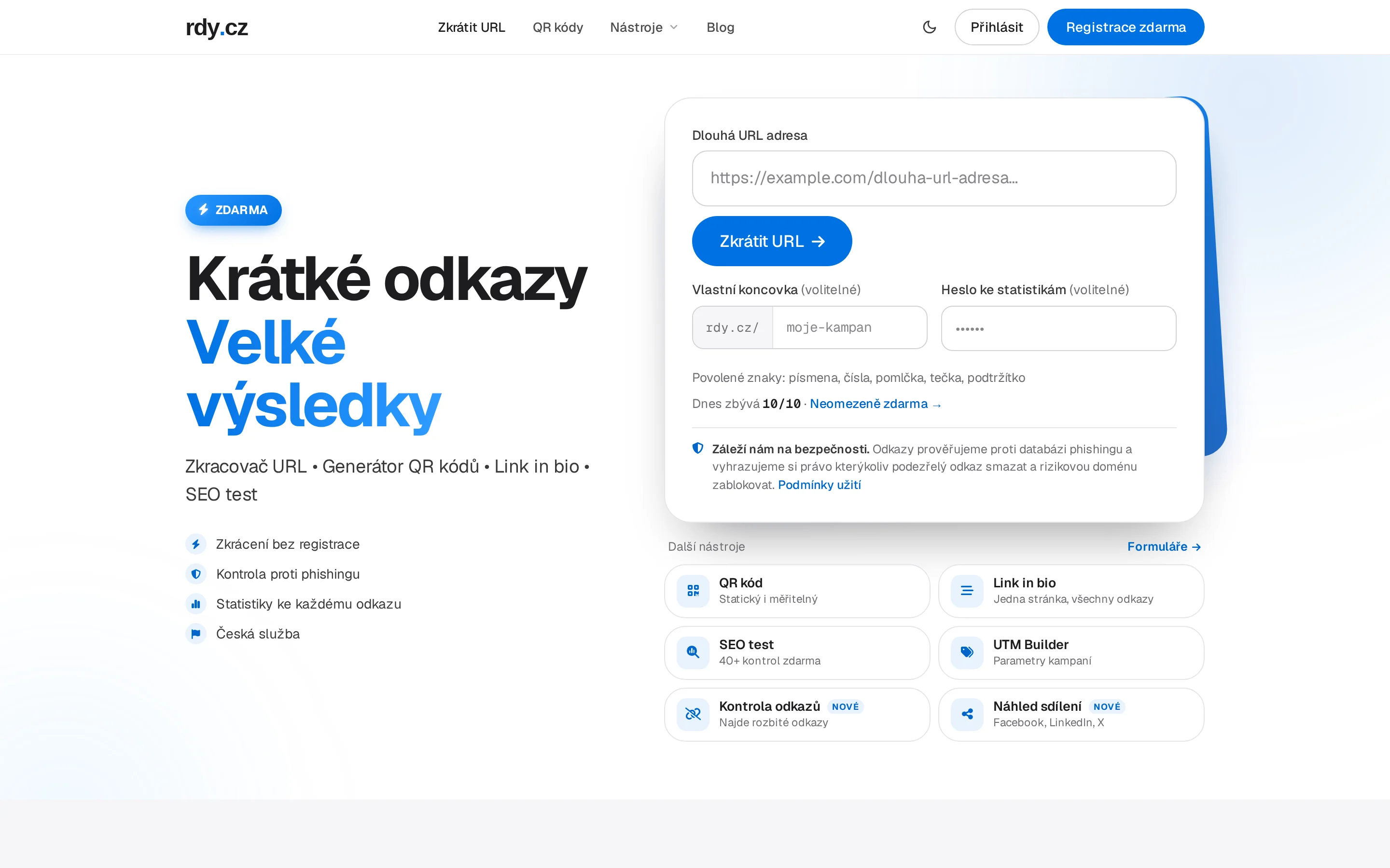 RDY.cz - Zkracovač URL & QR kódy, Link in Bio, SEO test na počítači