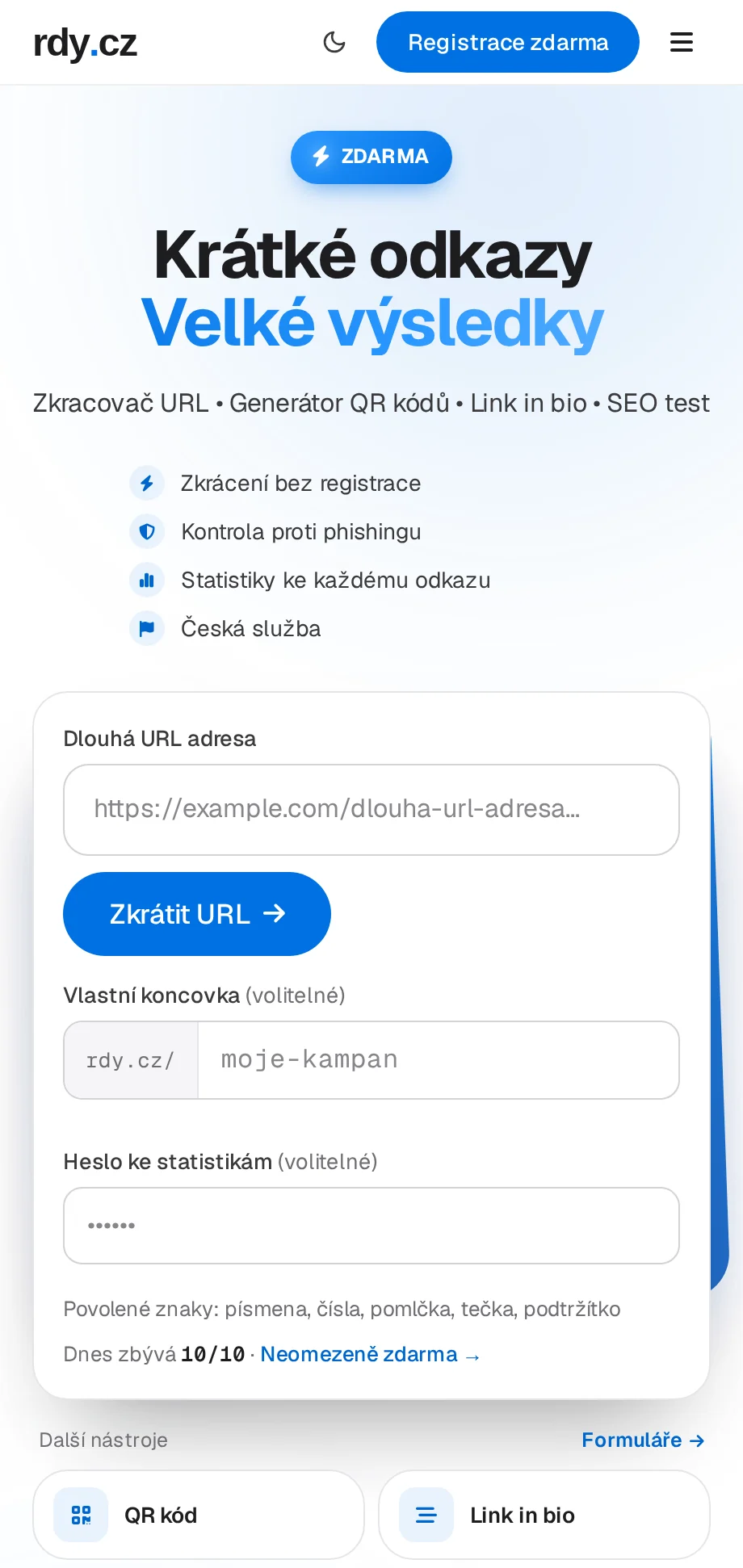 RDY.cz - Zkracovač URL & QR kódy, Link in Bio, SEO test na mobilu