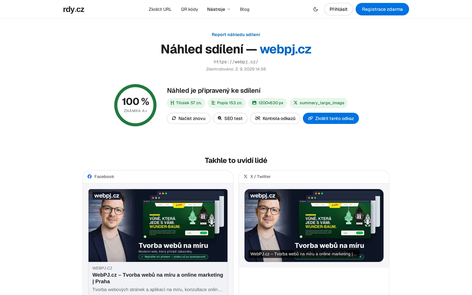Náhled sdílení odkazu na Facebooku, X a dalších sítích