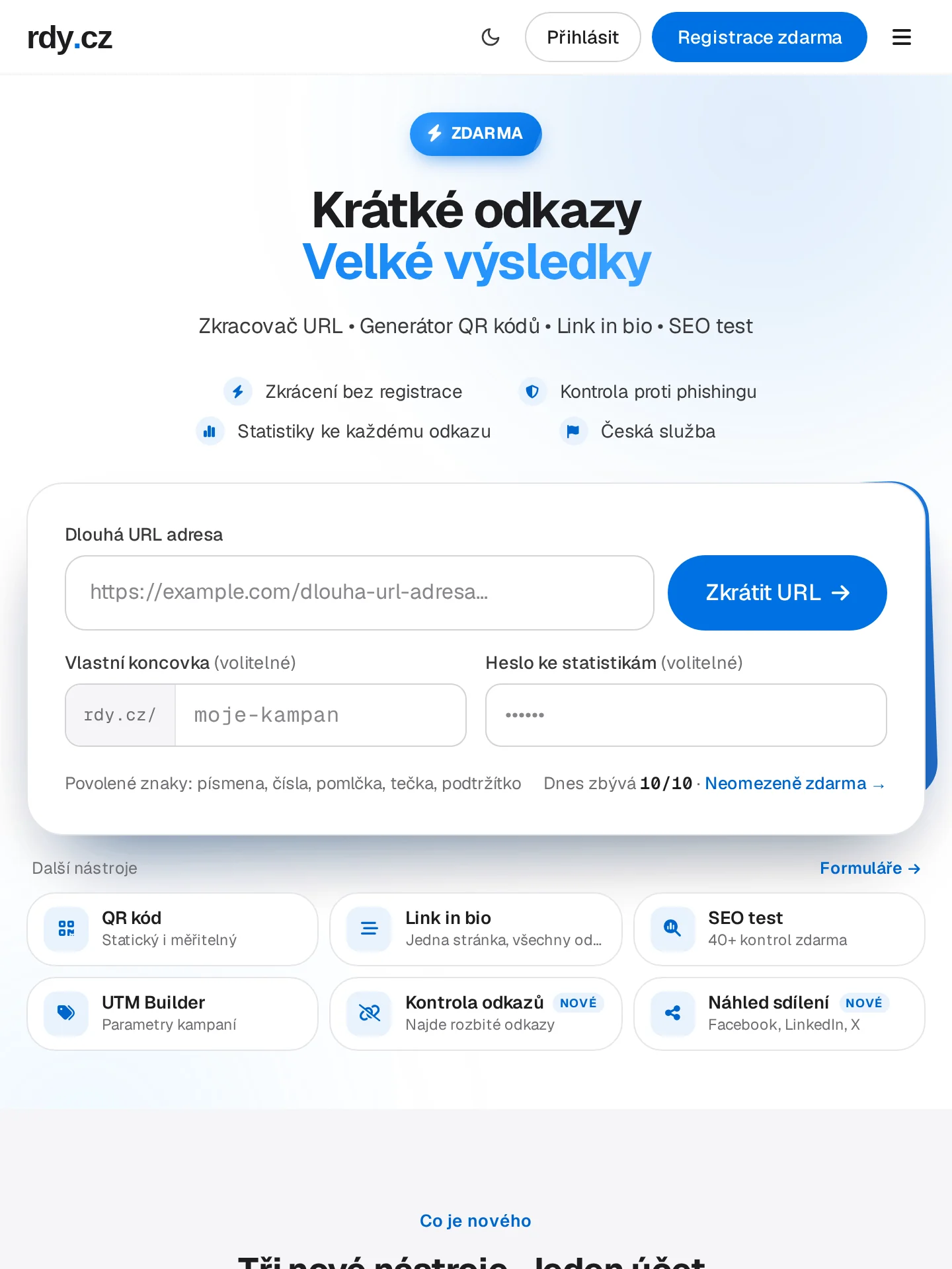 RDY.cz - Zkracovač URL & QR kódy, Link in Bio, SEO test na tabletu