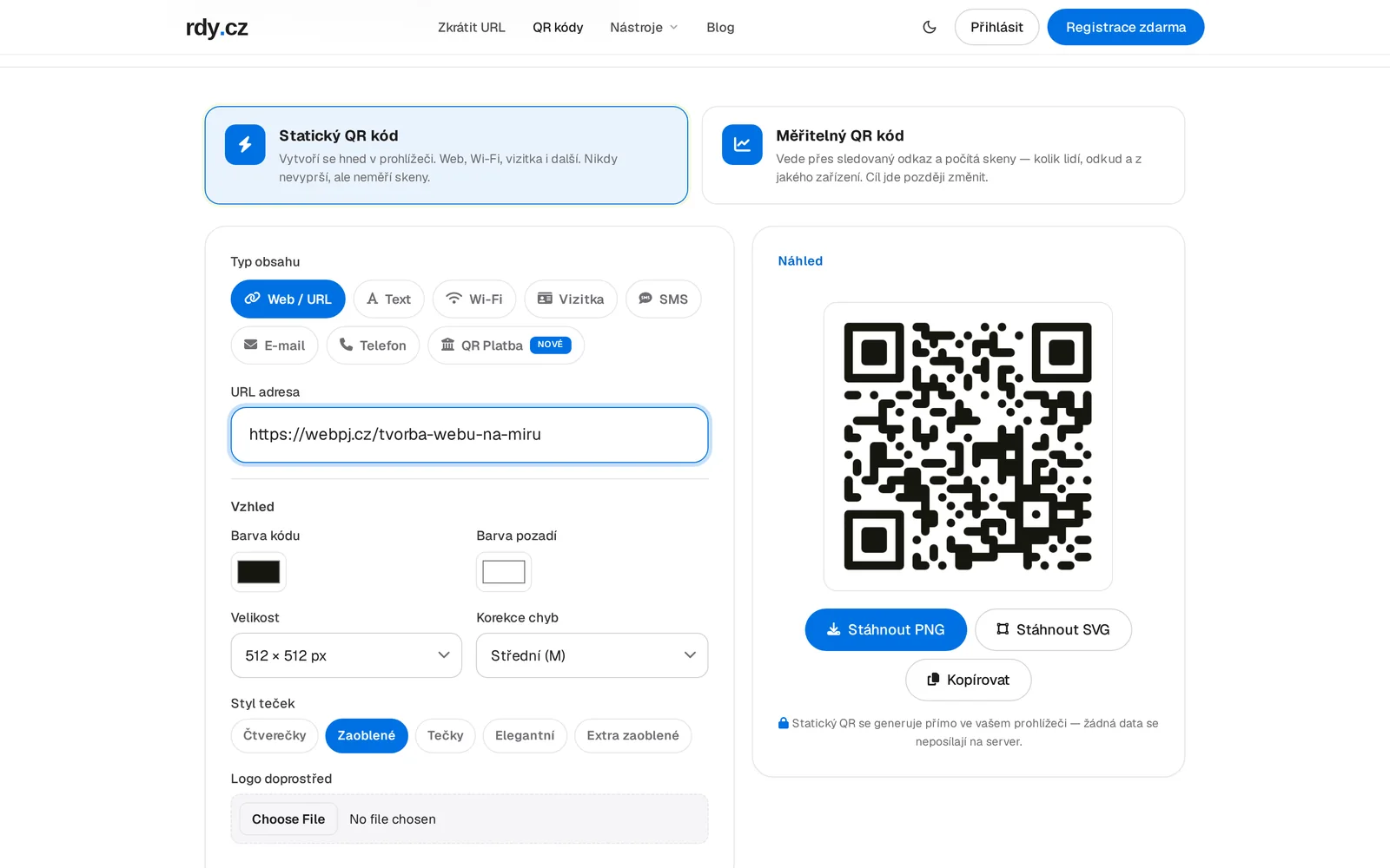 Generátor QR kódů s volbou barev, velikosti a stylu teček