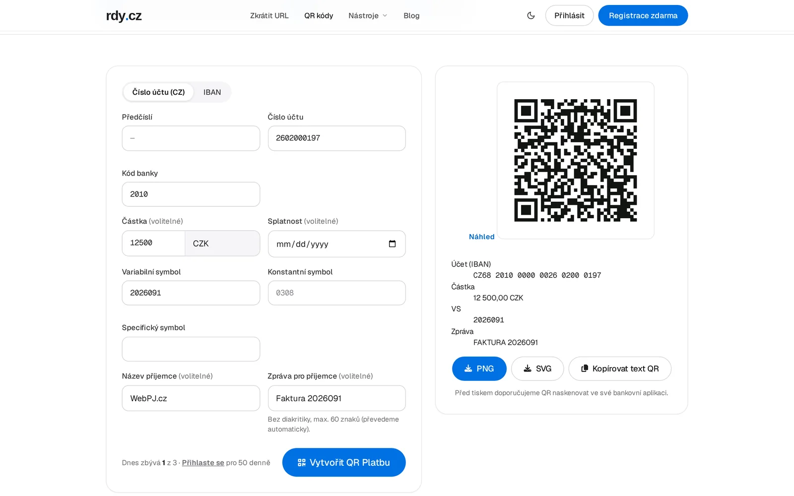 QR Platba podle standardu ČBA s částkou a symboly