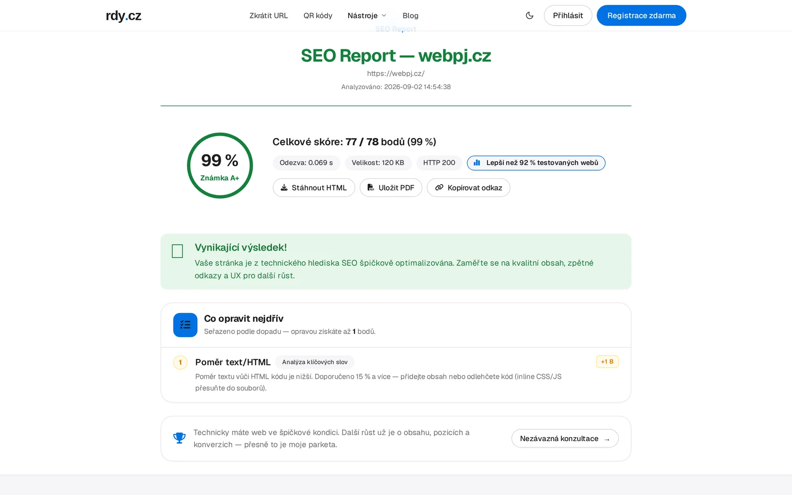 SEO test s celkovým skóre a seznamem, co opravit nejdřív