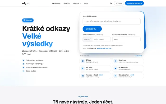 RDY.cz - Zkracovač URL & QR kódy, Link in Bio, SEO test