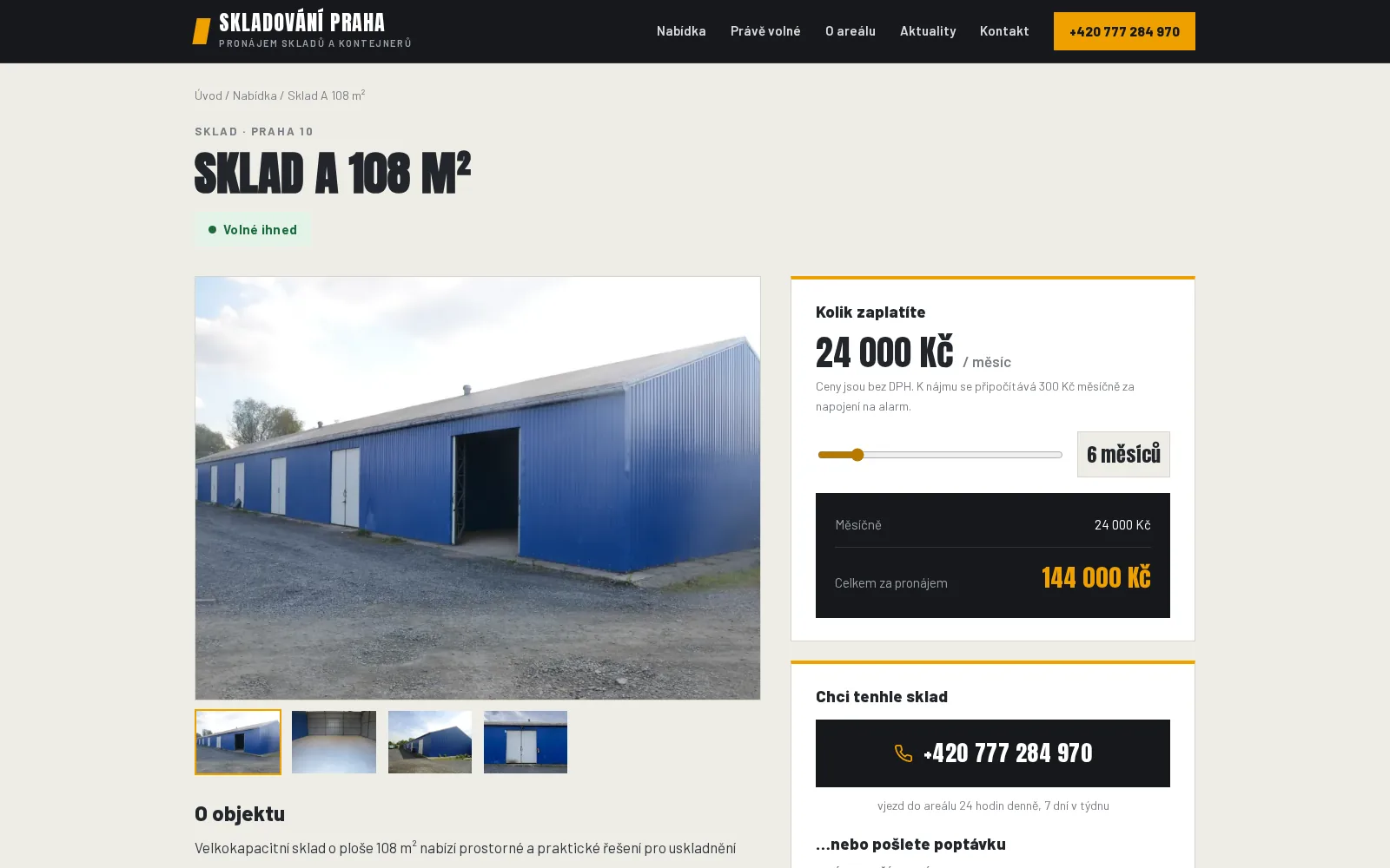 Detail skladu s kalkulačkou ceny podle délky pronájmu