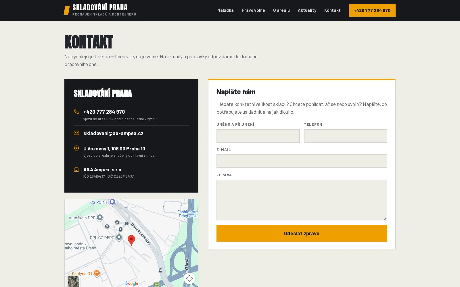 Kontakt s mapou areálu a formulářem poptávky
