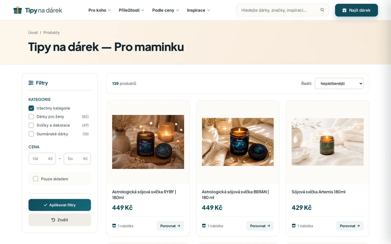 Tipy pro maminku — filtrovaný výpis s cenami