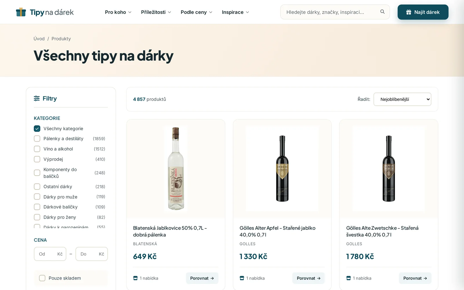 Katalog produktů s filtry podle kategorie, ceny a dostupnosti