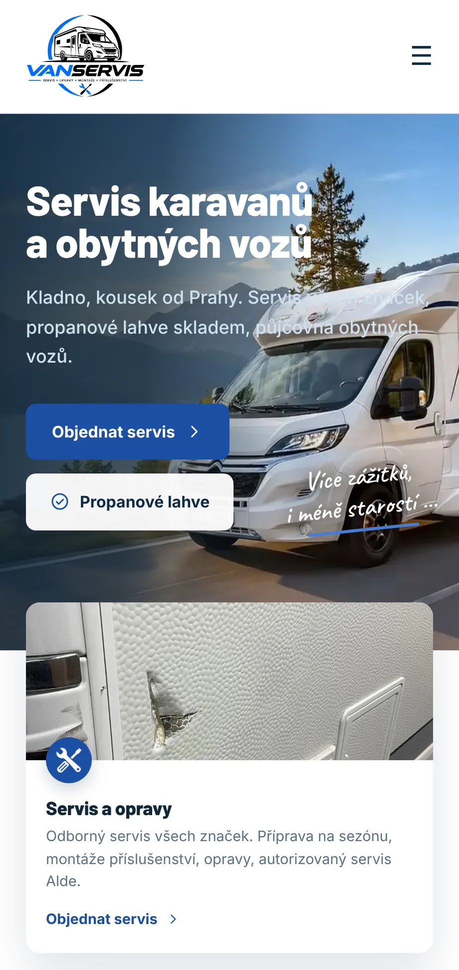 VanServis Kladno — servis, půjčovna a prodej karavanů na mobilu