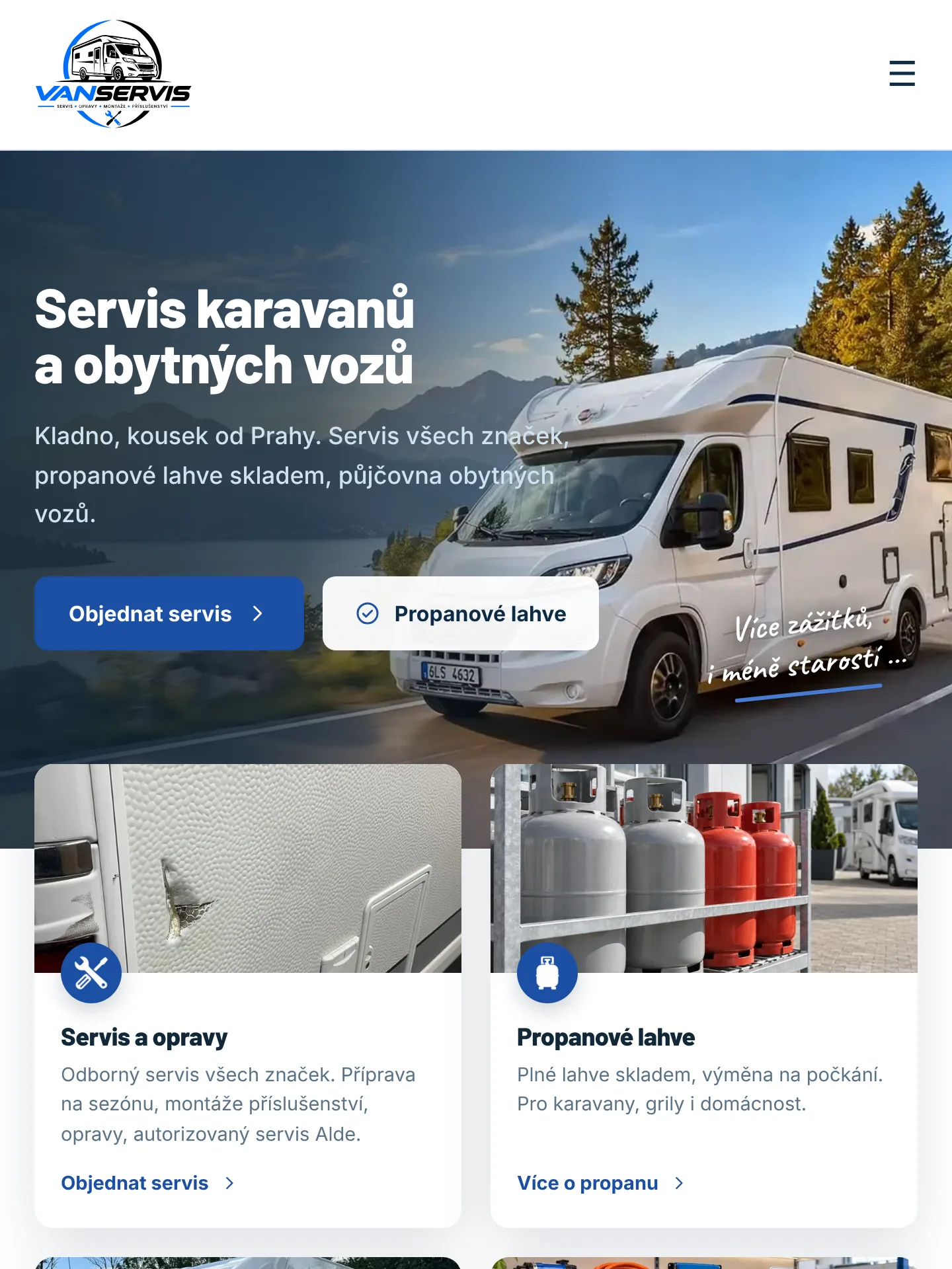 VanServis Kladno — servis, půjčovna a prodej karavanů na tabletu