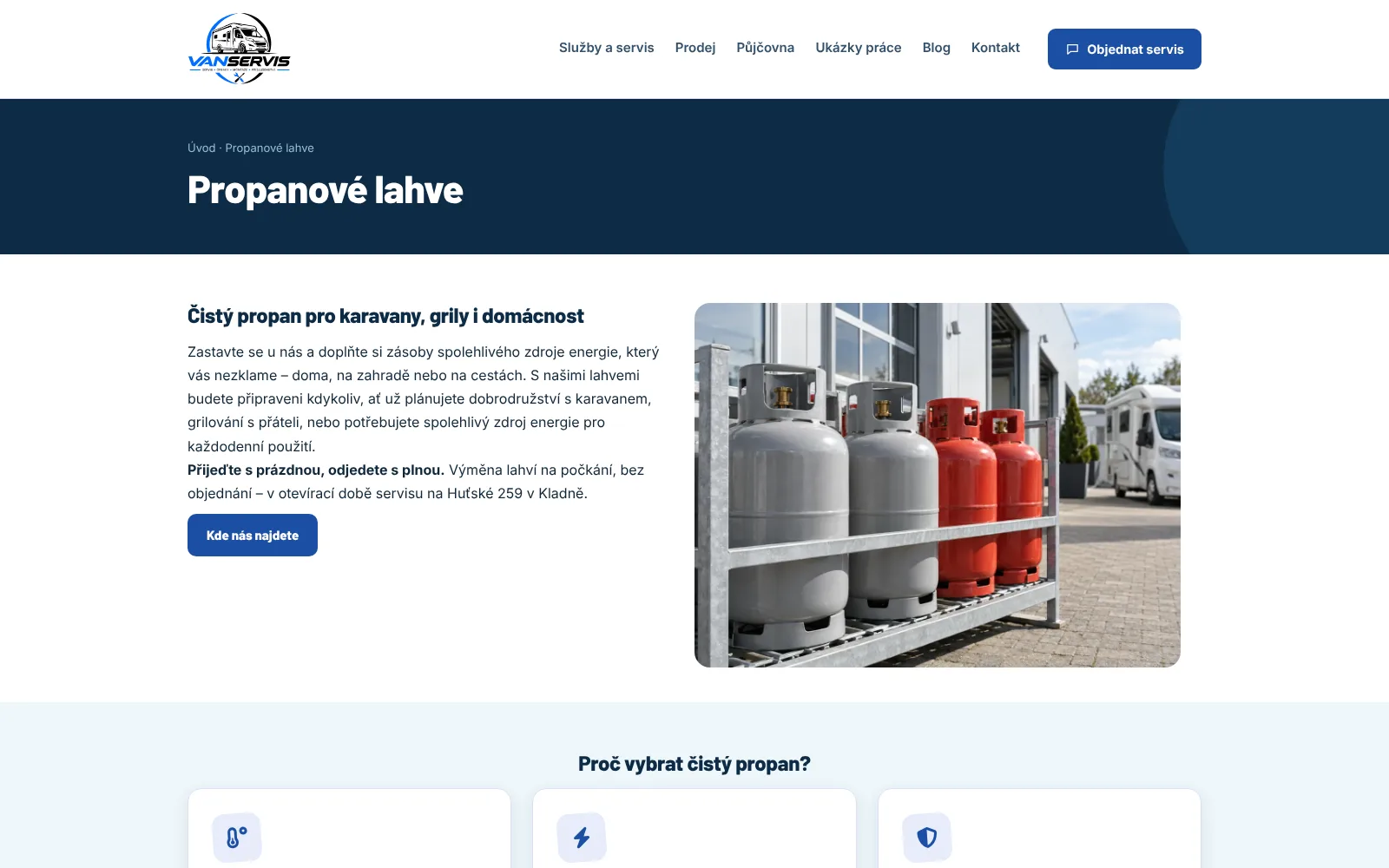 Stránka Propan — prodej lahví s vysvětlením, proč čistý propan