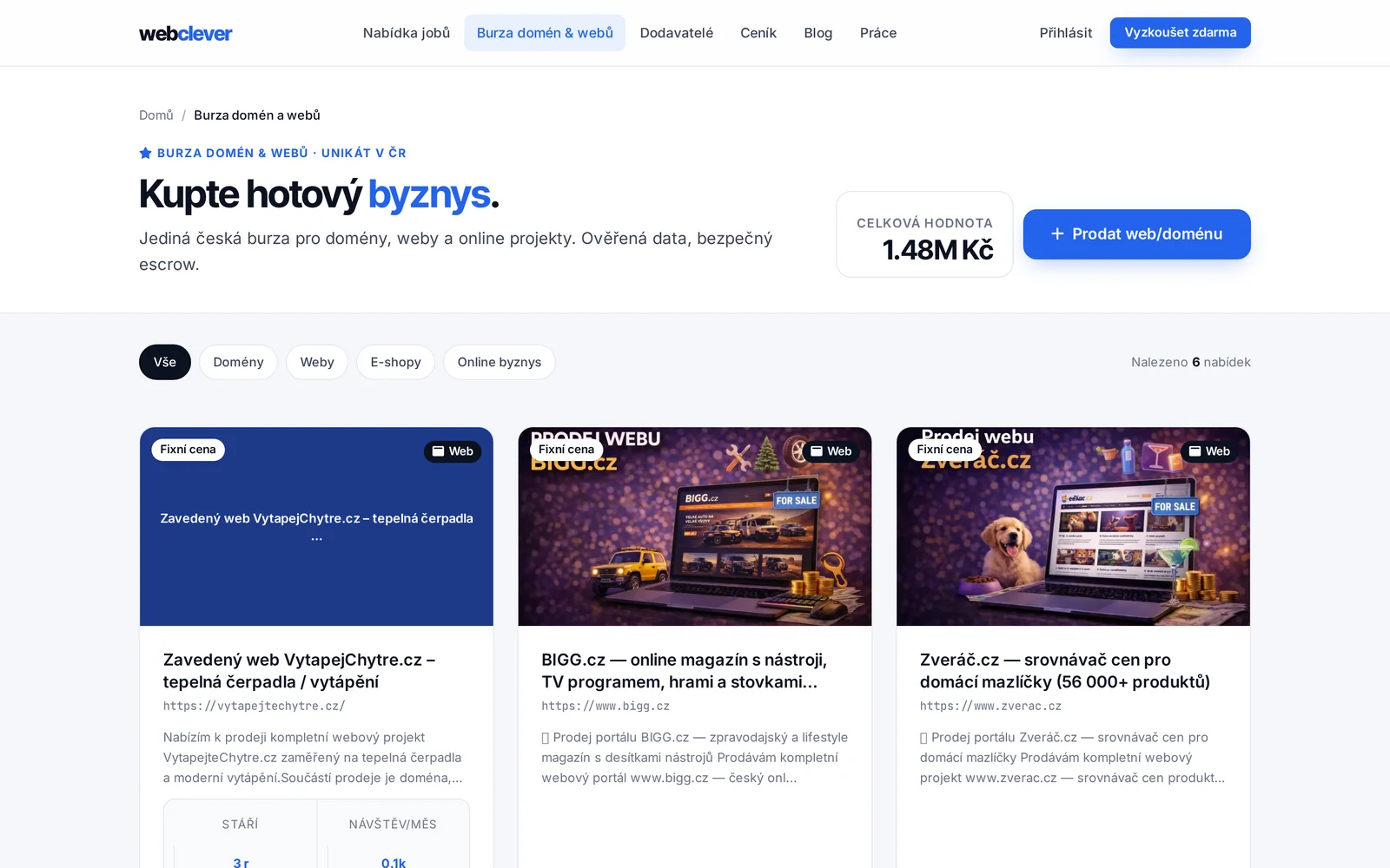 Burza domén a webů — inzeráty s cenou, stářím a návštěvností