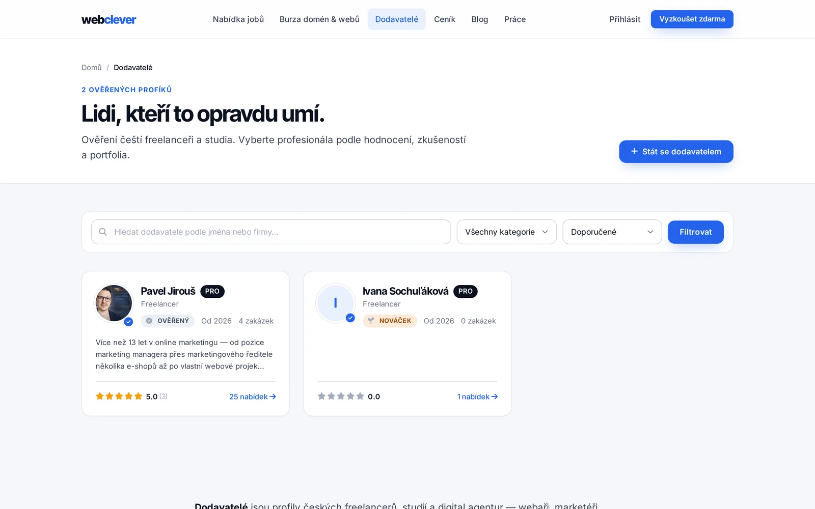 Dodavatelé — ověření freelanceři a studia s hodnocením