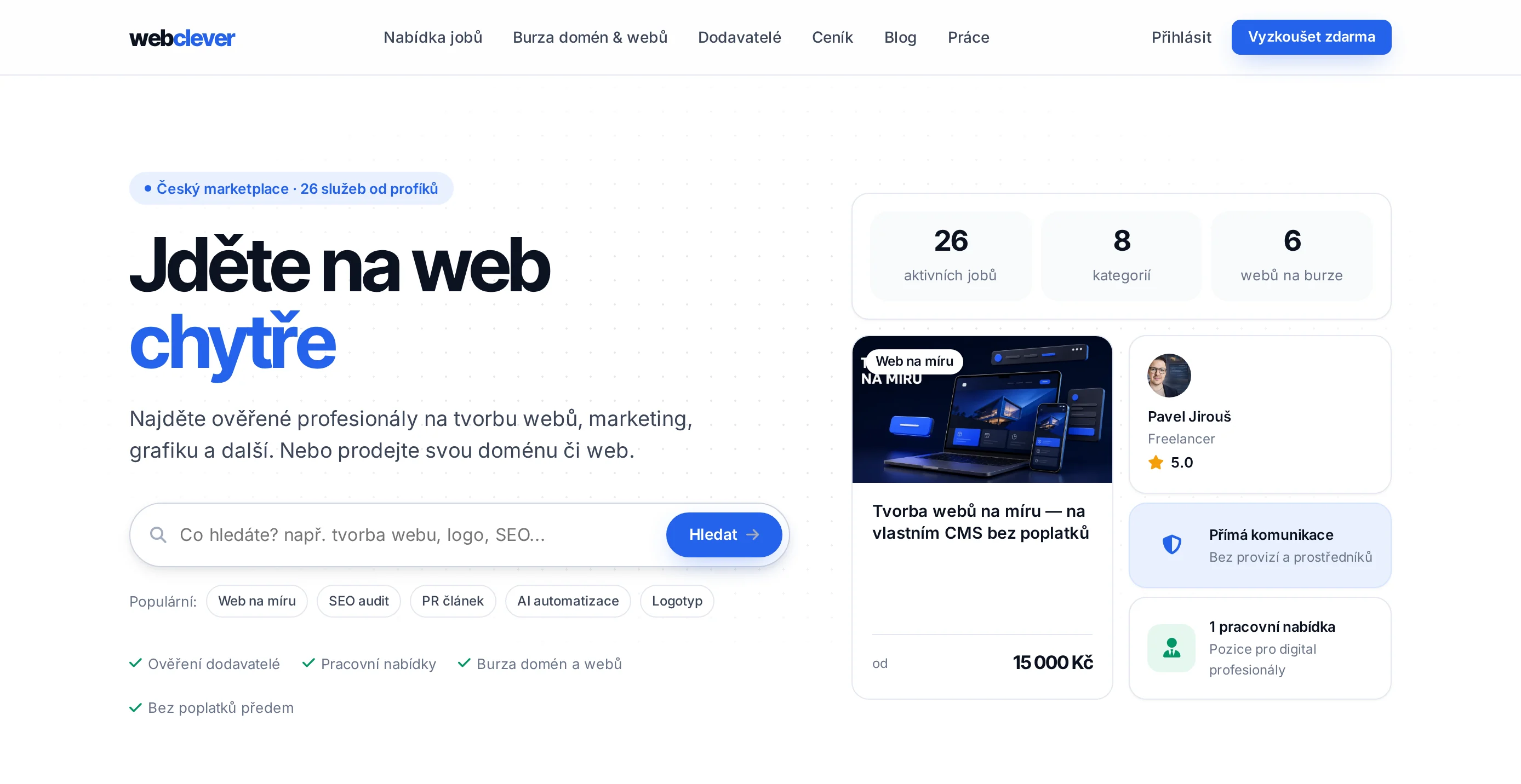 Web-Clever.cz — marketplace služeb a burza domén na počítači