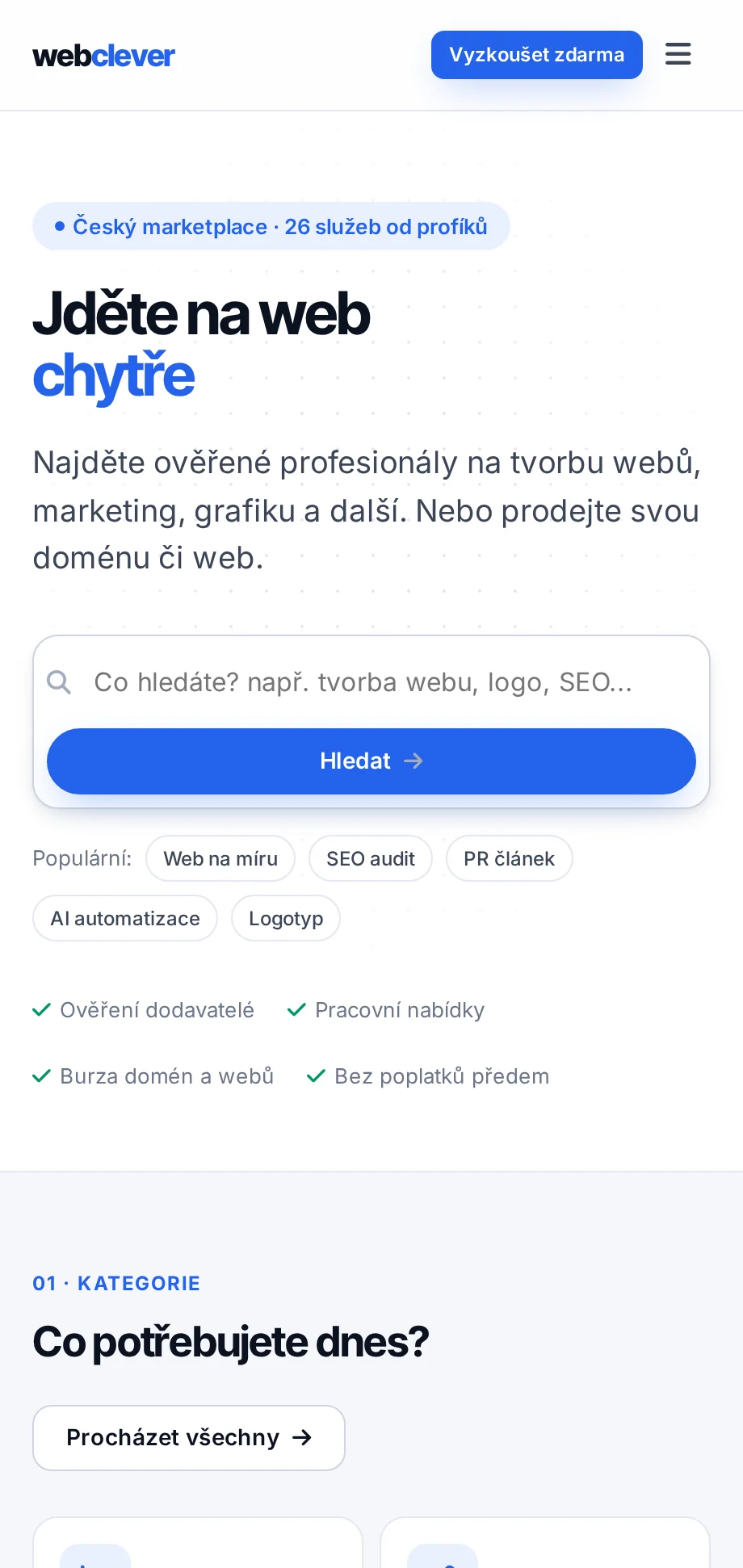 Web-Clever.cz — marketplace služeb a burza domén na mobilu