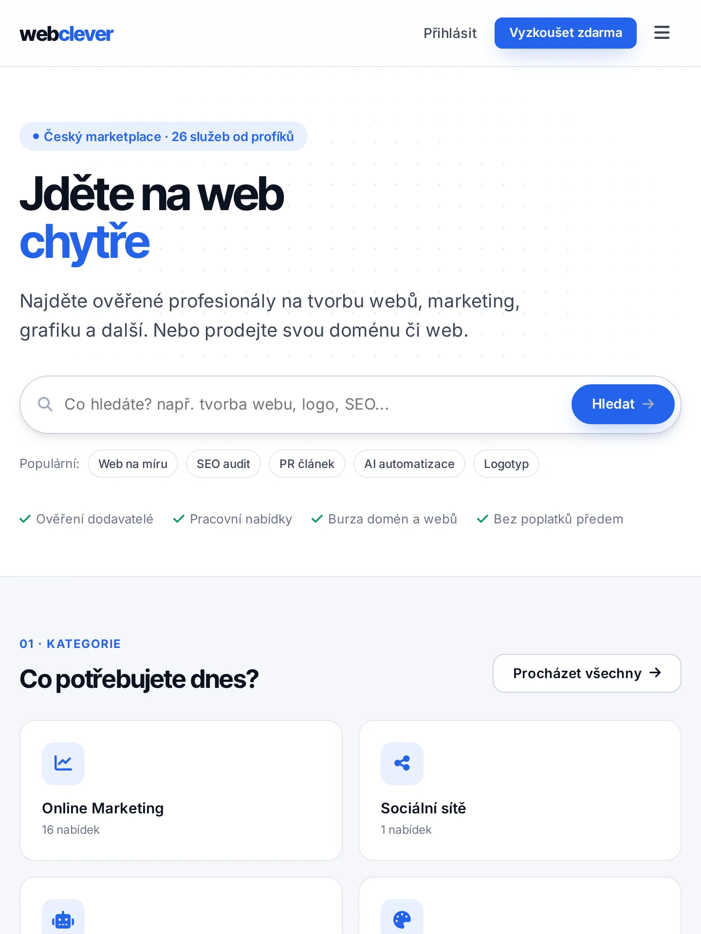 Web-Clever.cz — marketplace služeb a burza domén na tabletu