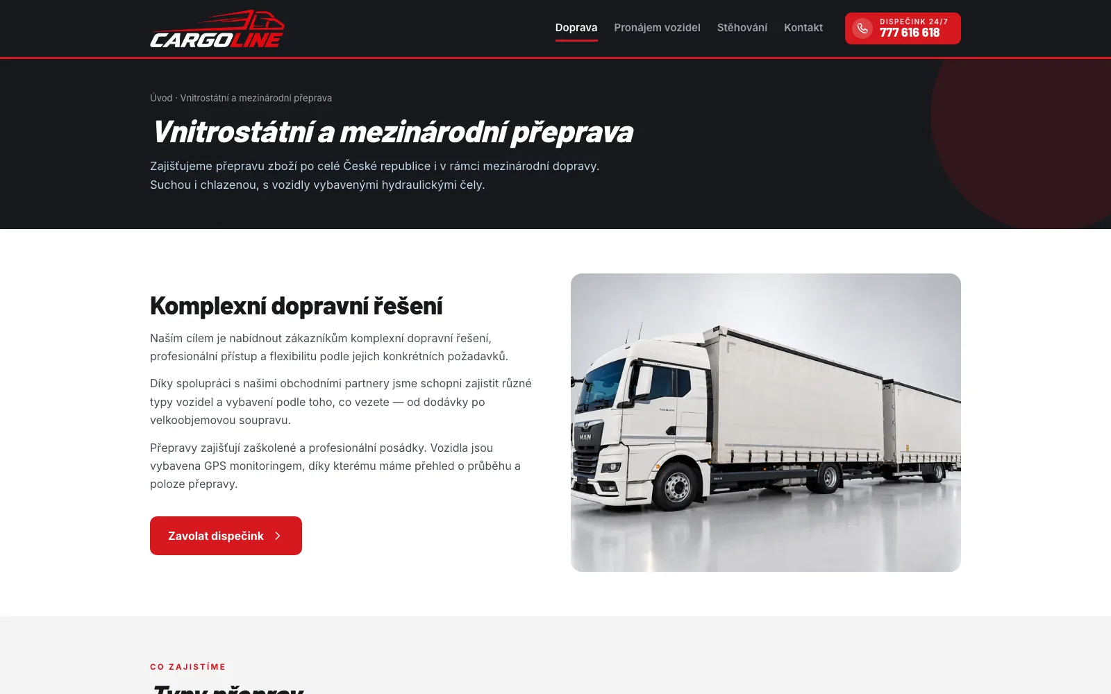 Stránka Doprava — vnitrostátní a mezinárodní přeprava, suchá i chlazená