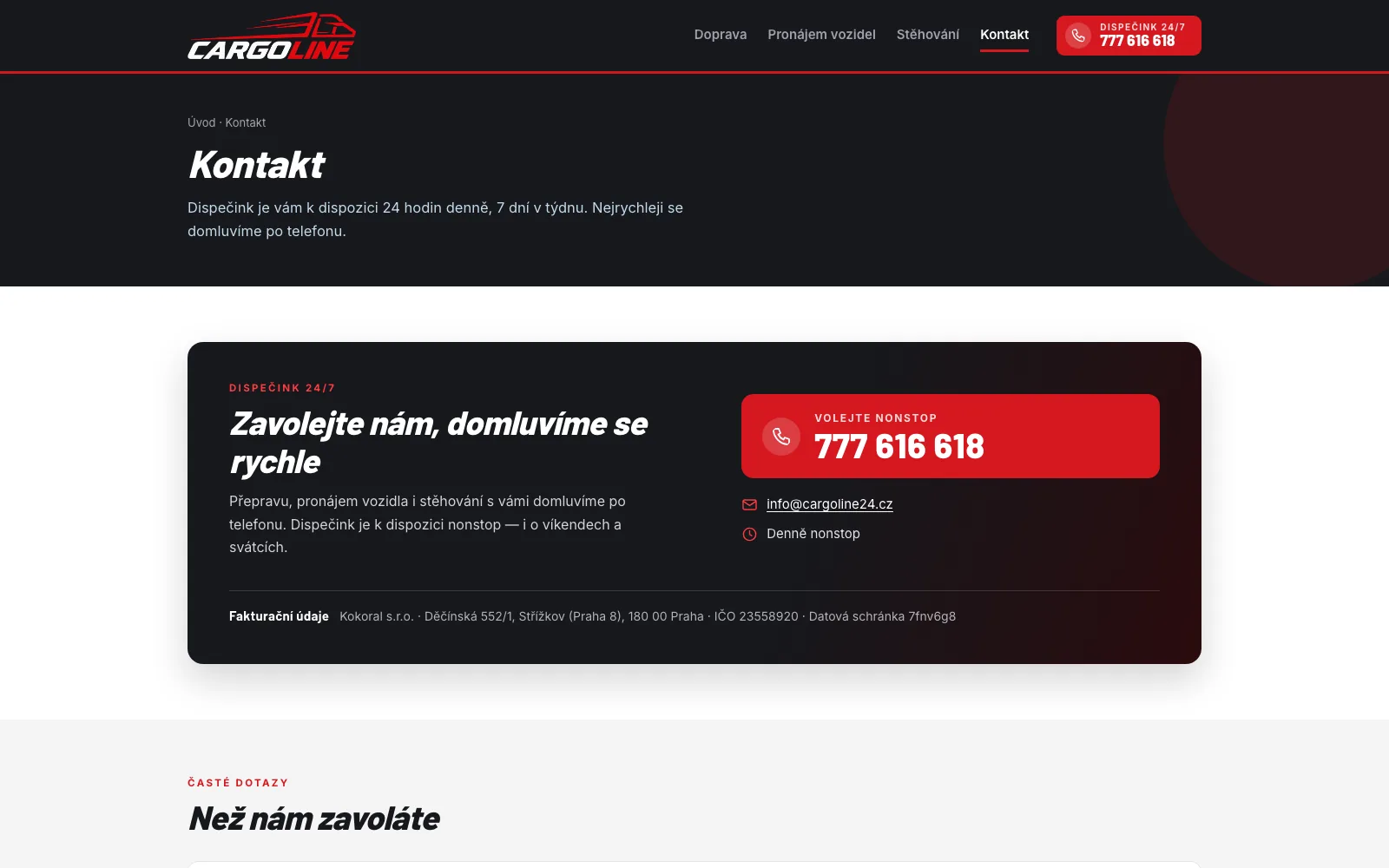 Kontakt s dispečinkem 24/7, fakturačními údaji a častými dotazy