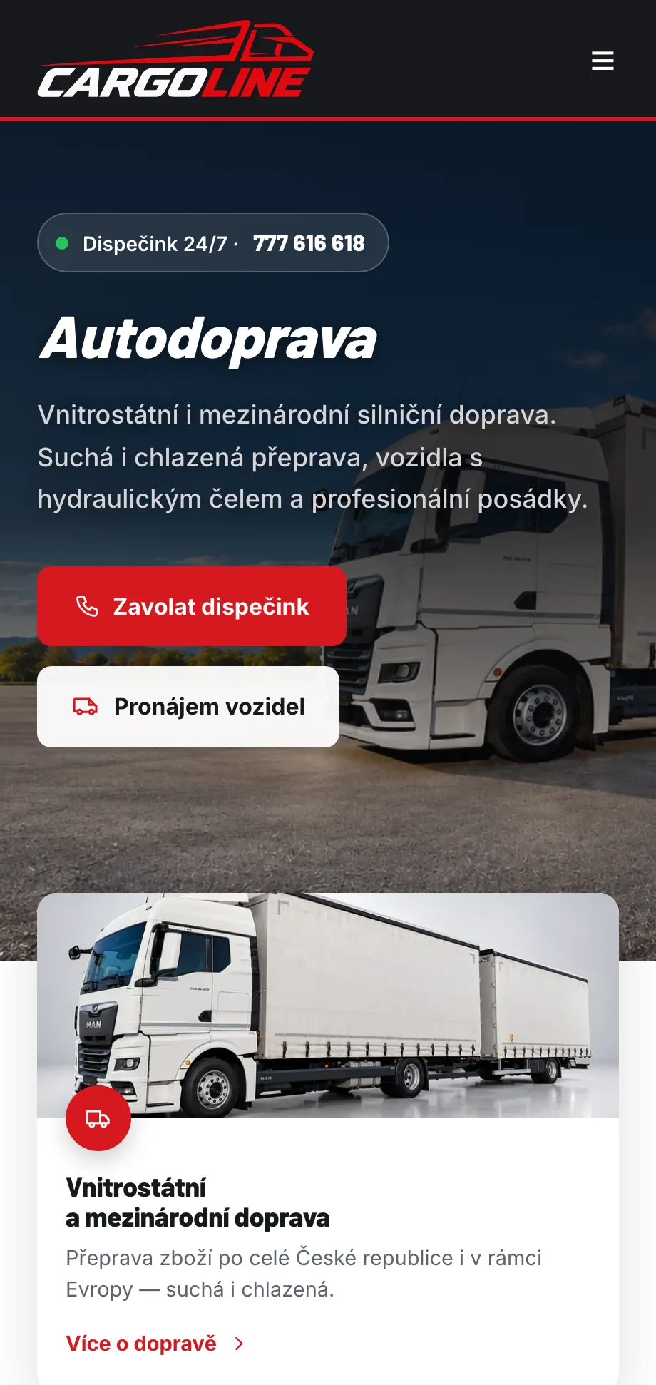 Cargoline — autodoprava, pronájem vozidel a stěhování na mobilu