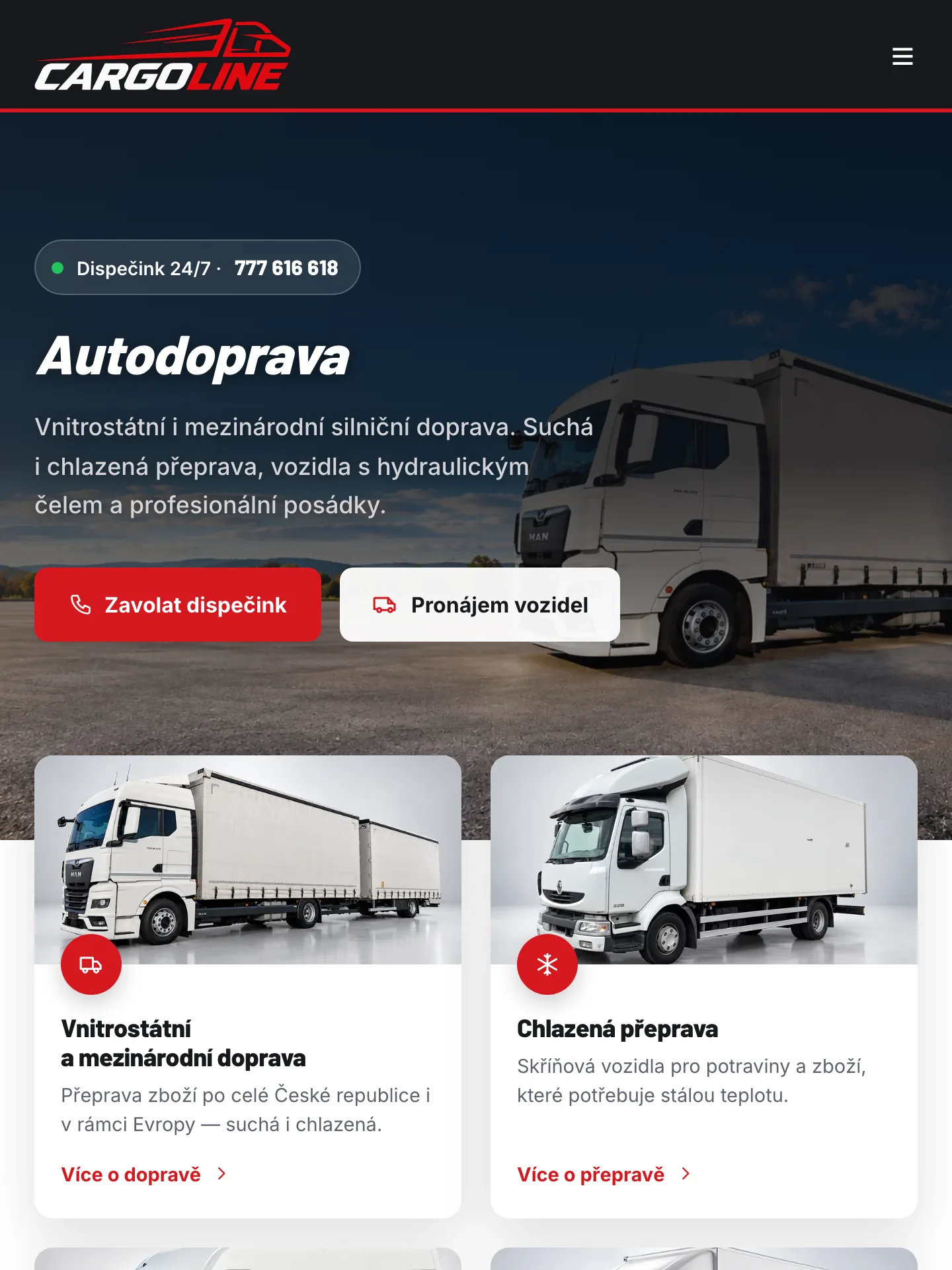 Cargoline — autodoprava, pronájem vozidel a stěhování na tabletu