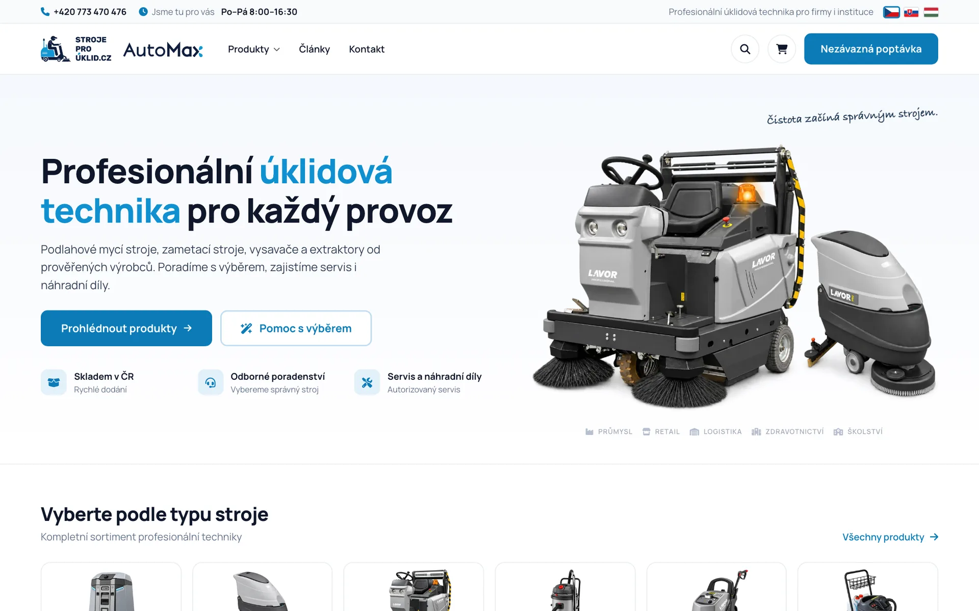 Úvodní stránka e-shopu s úklidovou technikou