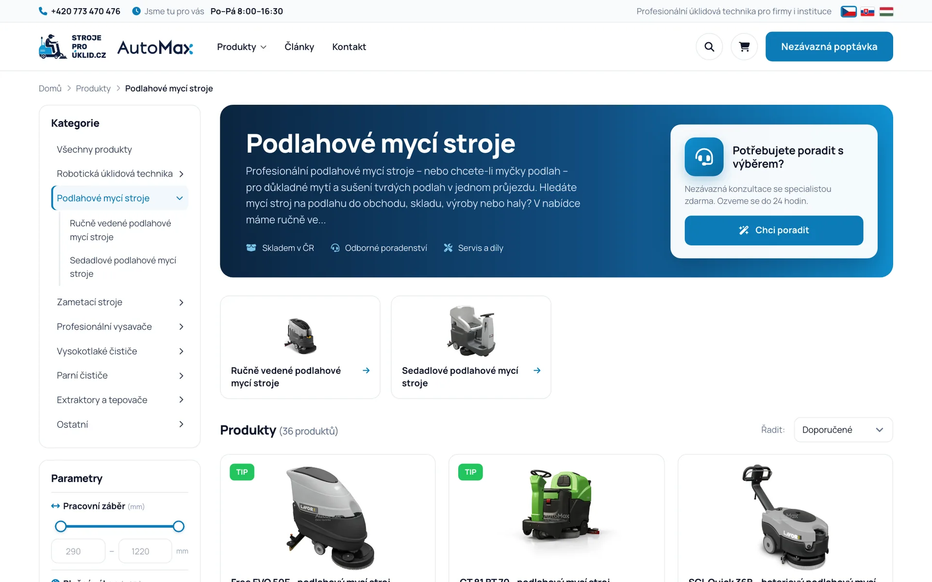 Kategorie podlahových mycích strojů s filtry podle technických parametrů