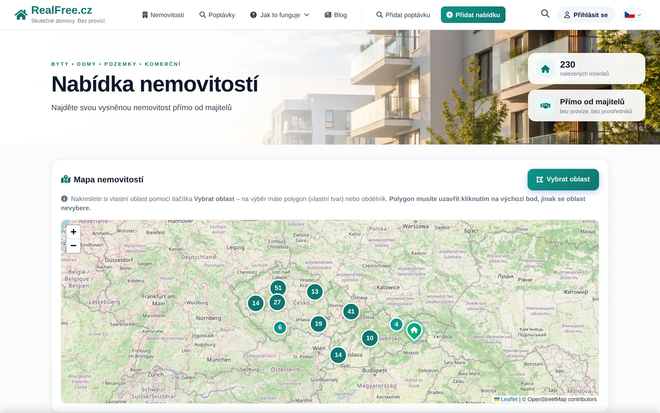 Nabídka nemovitostí — interaktivní mapa ČR s výběrem oblasti