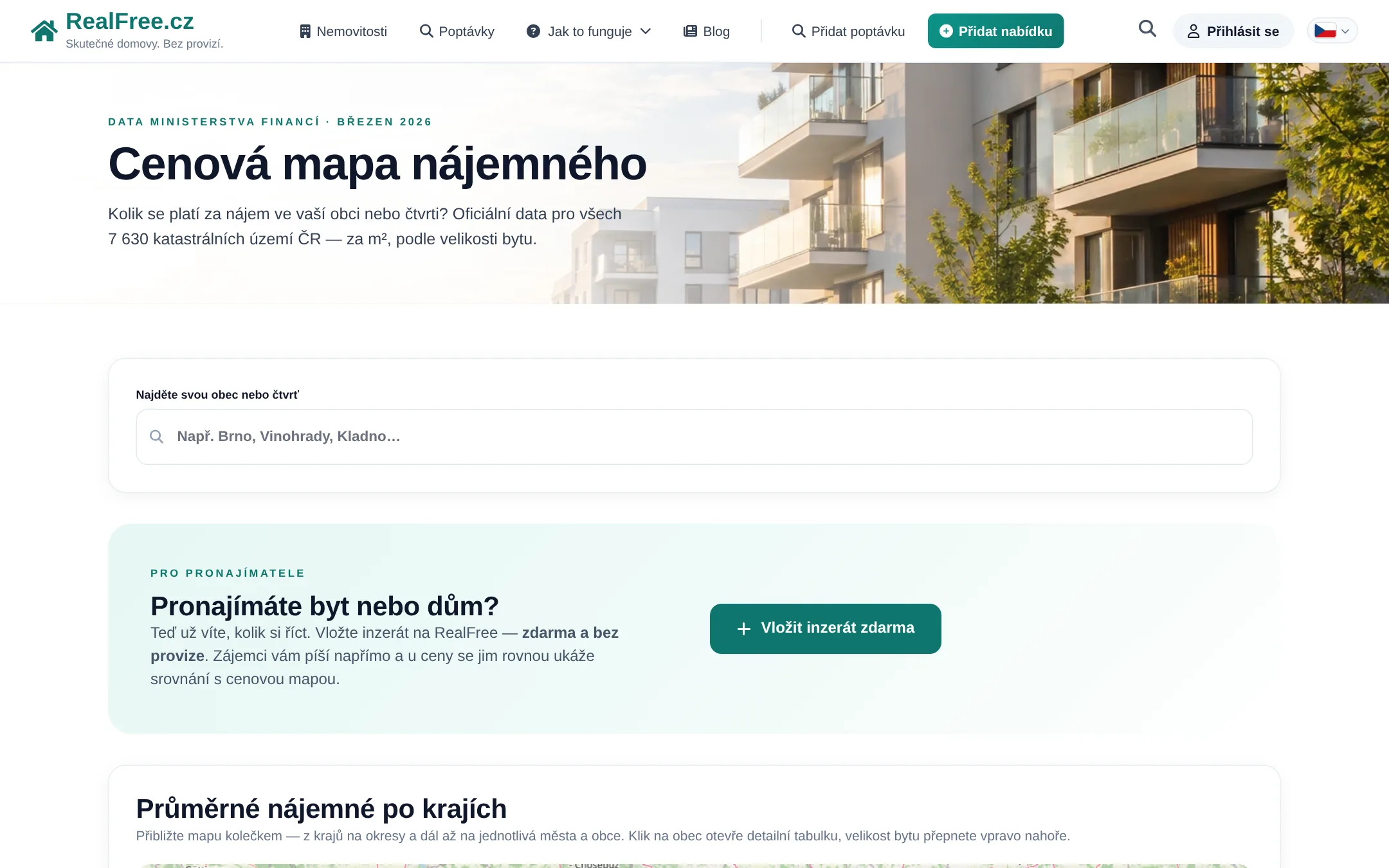 Cenová mapa nájemného — průměrné nájmy po krajích a obcích